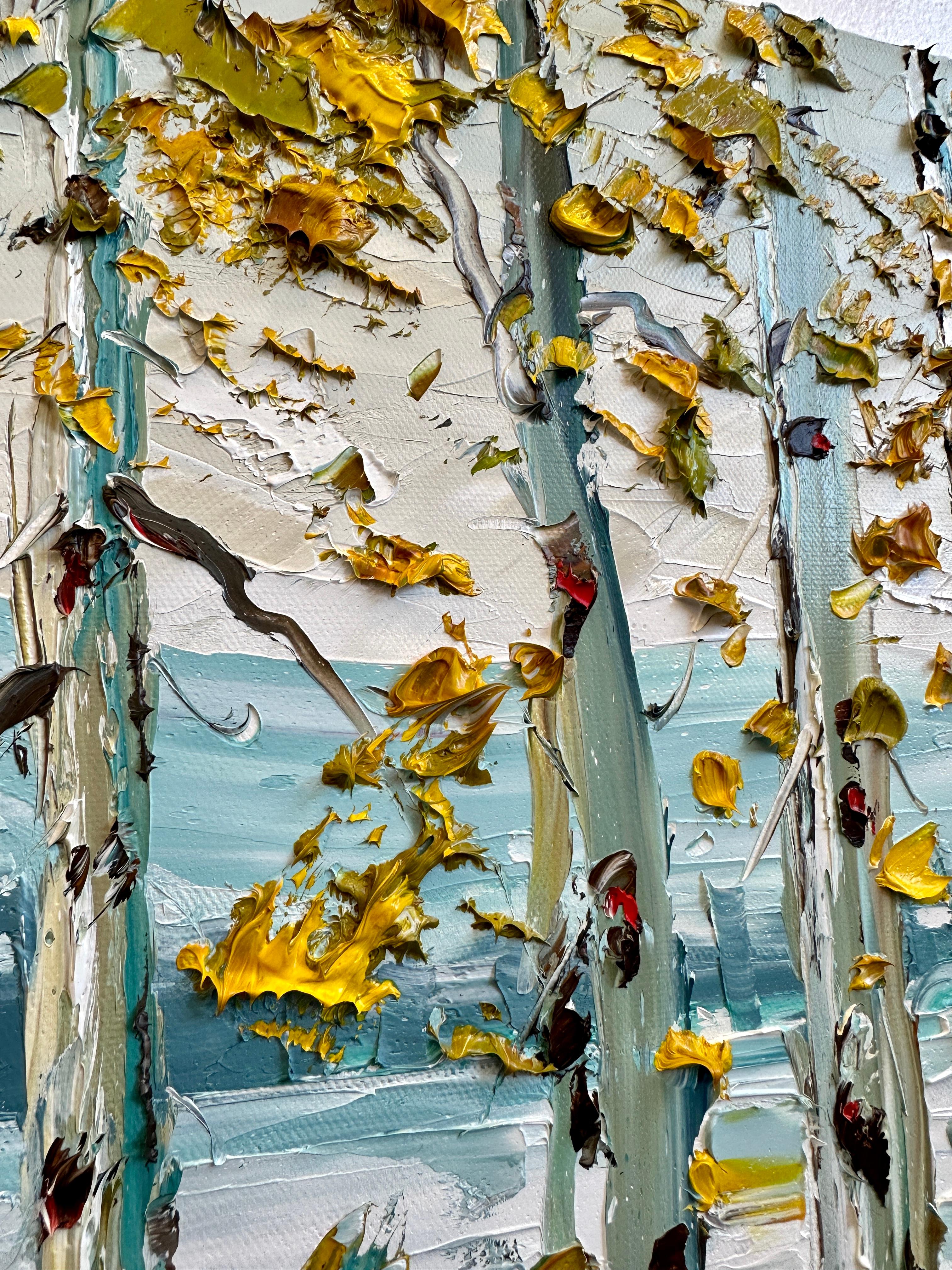 <p>Artist Comments<br>Inspired by the azure waters of iconic Lake Tahoe, artist Lisa Elley portrays the beauty of the mountains in the fall season. Her signature impasto technique captures the colorful changing of the leaves on the birch trees. The