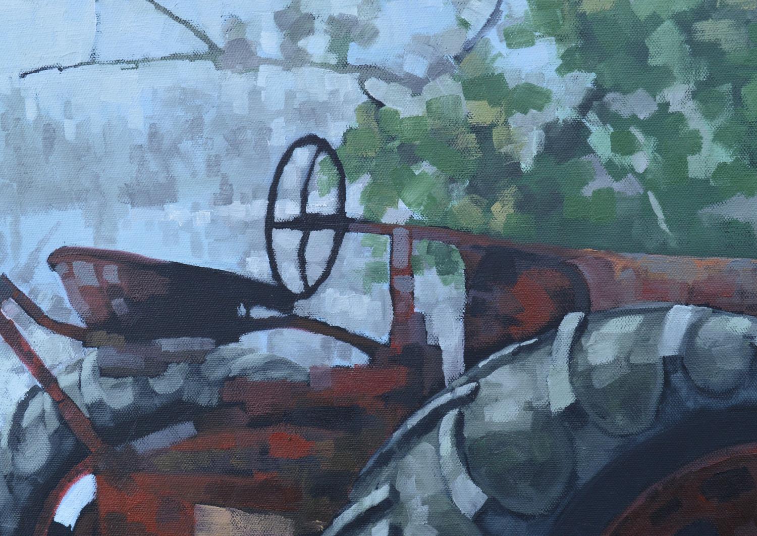 <p>Artist Comments<br>Artist David Thelen often comes across old tractors sitting in fields, waiting to come alive and return to work. In this painting, he depicts the vehicle nestled beneath the shade of a tree, whose red exterior complements the