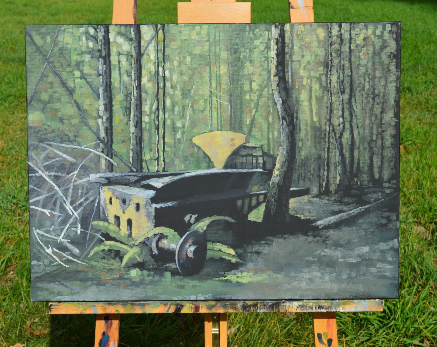 <p>Artist Comments<br>In this painting, artist David Thelen portrays an abandoned equipment he came across in the woods. 