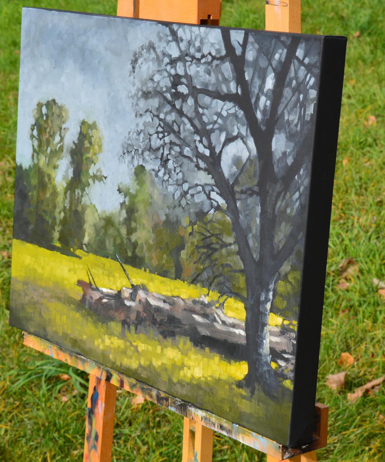 Fallen Timber, Oil Painting - Gray Landscape Painting by David Thelen