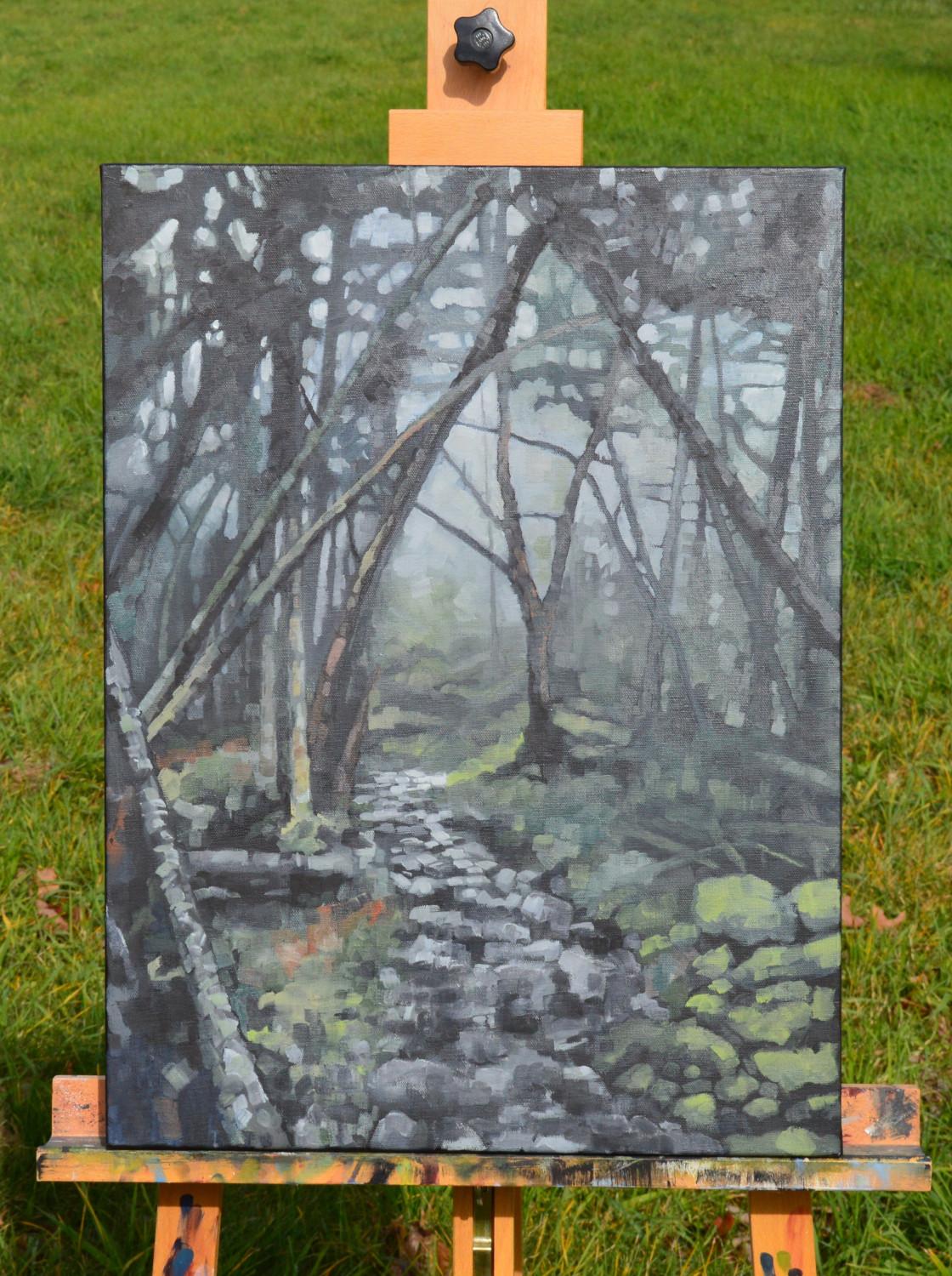 <p>Artist Comments<br>Inspired by memory and photos taken on a hiking trip, artist David Thelen captures the woodland's moody atmosphere. Barren trees loom along the rocky trail, while the fog shrouds the distant path. The muted palette infuses the