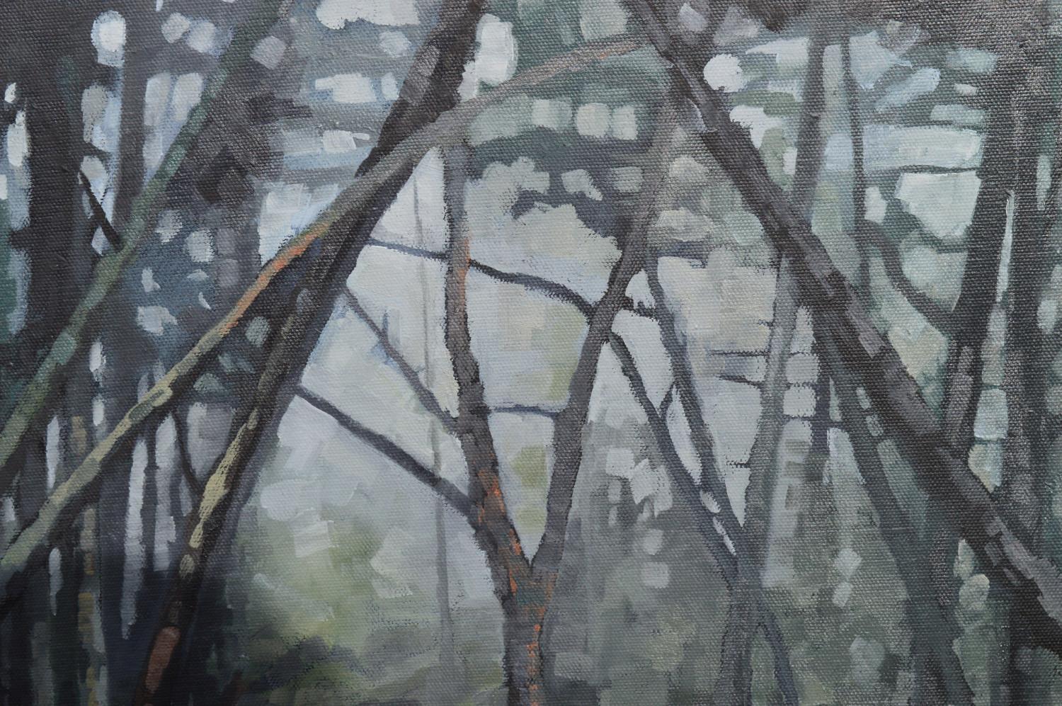 <p>Artist Comments<br>Inspired by memory and photos taken on a hiking trip, artist David Thelen captures the woodland's moody atmosphere. Barren trees loom along the rocky trail, while the fog shrouds the distant path. The muted palette infuses the