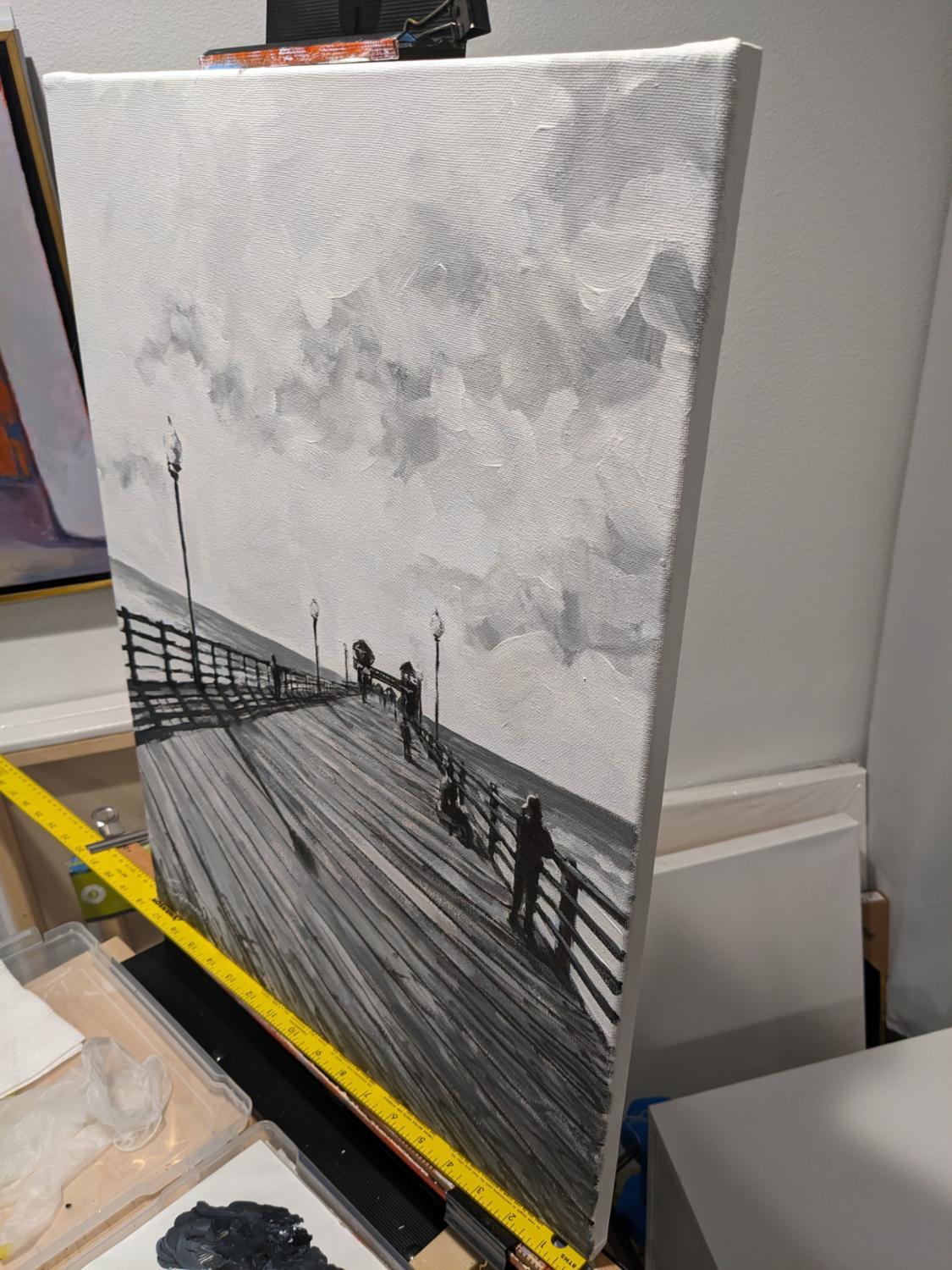 <p>Artist Comments<br>A dramatic atmosphere descends on Oceanside Pier in San Diego, where dense clouds gather over the sea. The dock extends from the foreground, leading the viewer's eye to the arch that meets the end of the sky and ocean. Using a