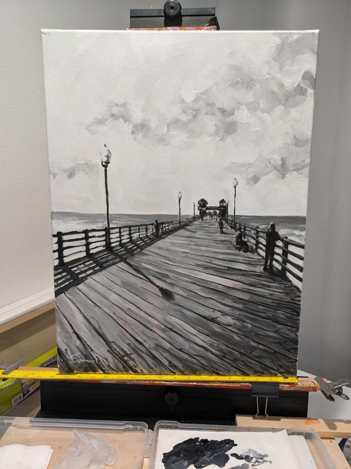 Oceanside Pier in Black and White, Original Painting For Sale 1