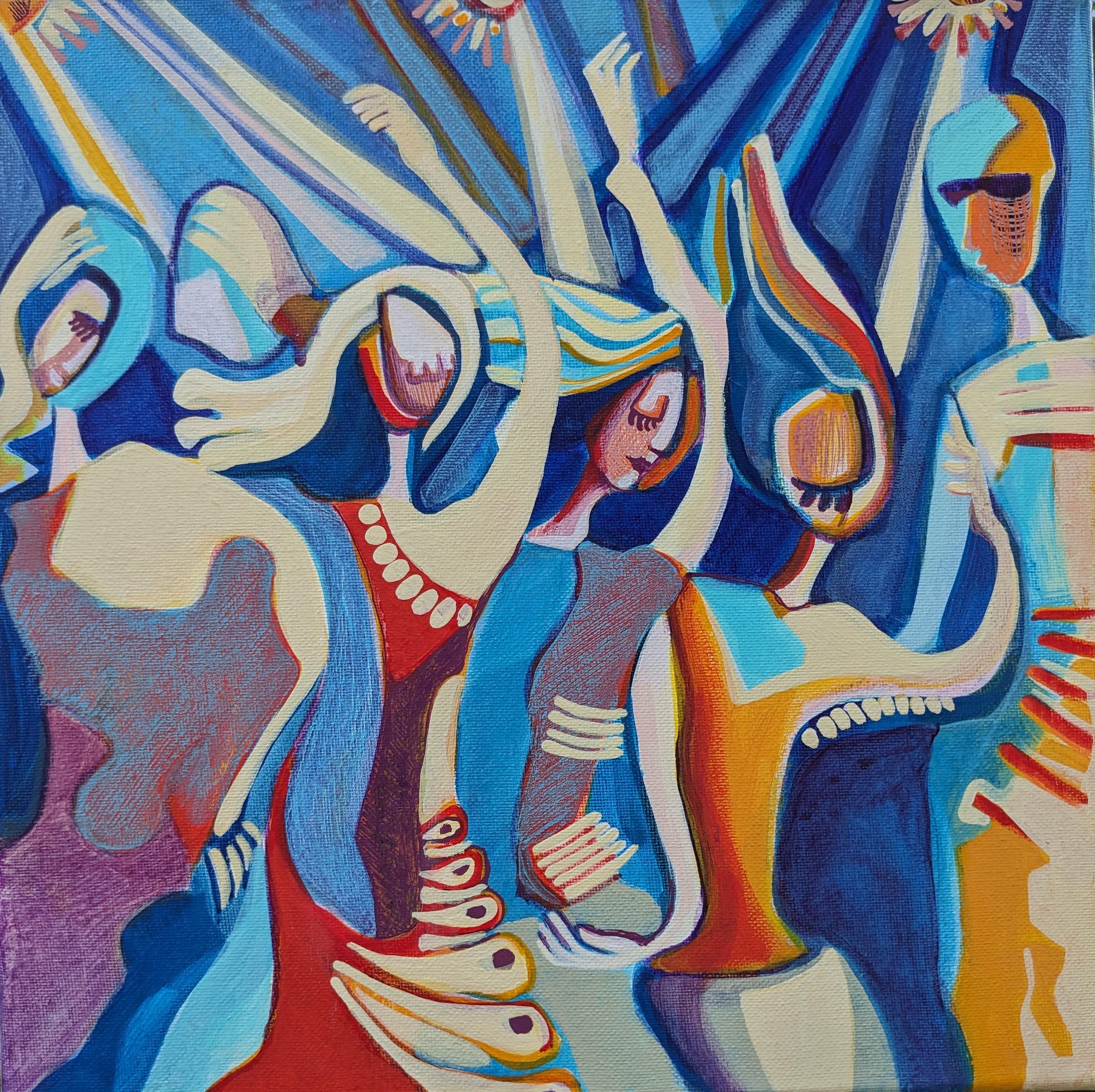 <p>Artist Comments<br>This painting shows a happy moment between friends dancing with each other. They close their eyes and lift their hands, fully immersing themselves in the experience. With every move to the rhythm, their hair and dresses sway,