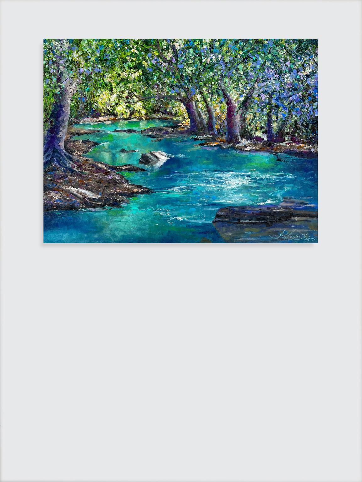 <p>Artist Comments<br>Sunlight filters through a lush canopy of trees, casting a warm glow and gentle shade upon a tranquil canyon stream. Artist Jeff Fleming enhances the water's color to draw attention to the dappled light. The painting features