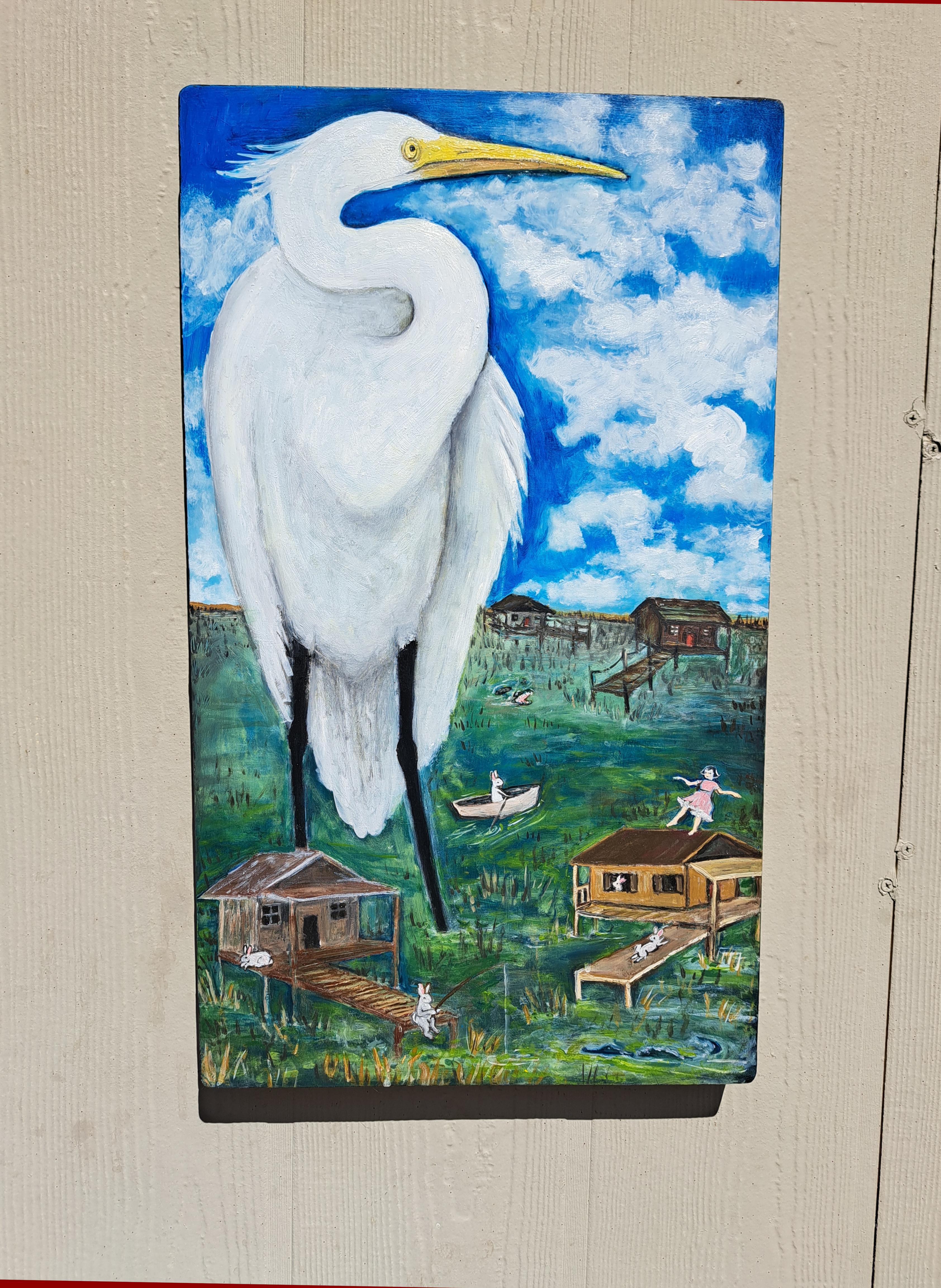<p>Artist Comments<br />The artwork reflects on the abundance of wildlife in Florida and the constant struggle humans face in controlling nature. Dominating the scene, a giant egret hovers over houses while alligators lurk in the water, signifying