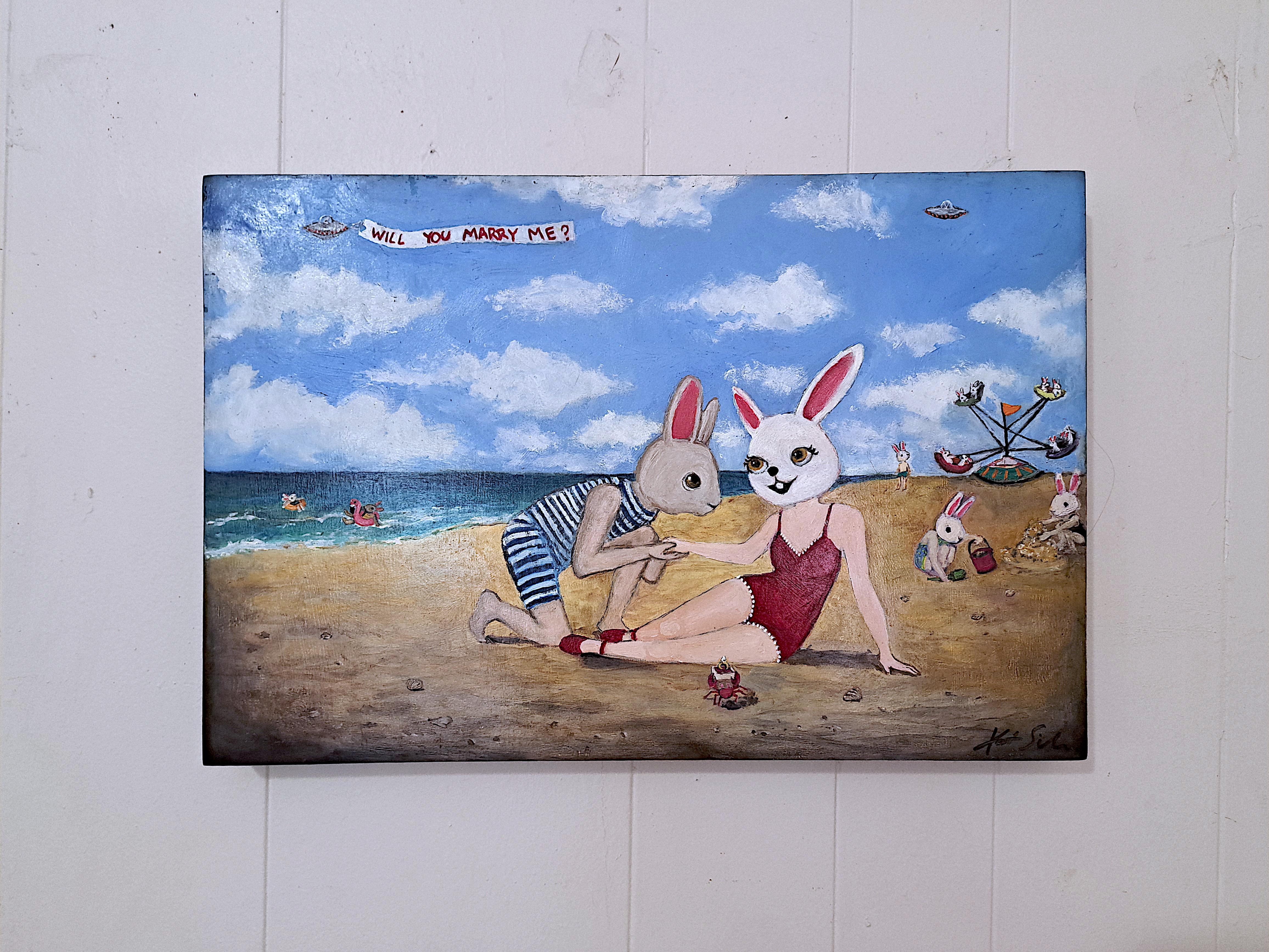 <p>Commentaires de l'artiste<br>La scène représente une plage où des lapins anthropomorphes profitent d'une journée ensoleillée. Au premier plan, un lapin est gracieusement assis sur le rivage sablonneux, tandis qu'un autre est agenouillé à ses