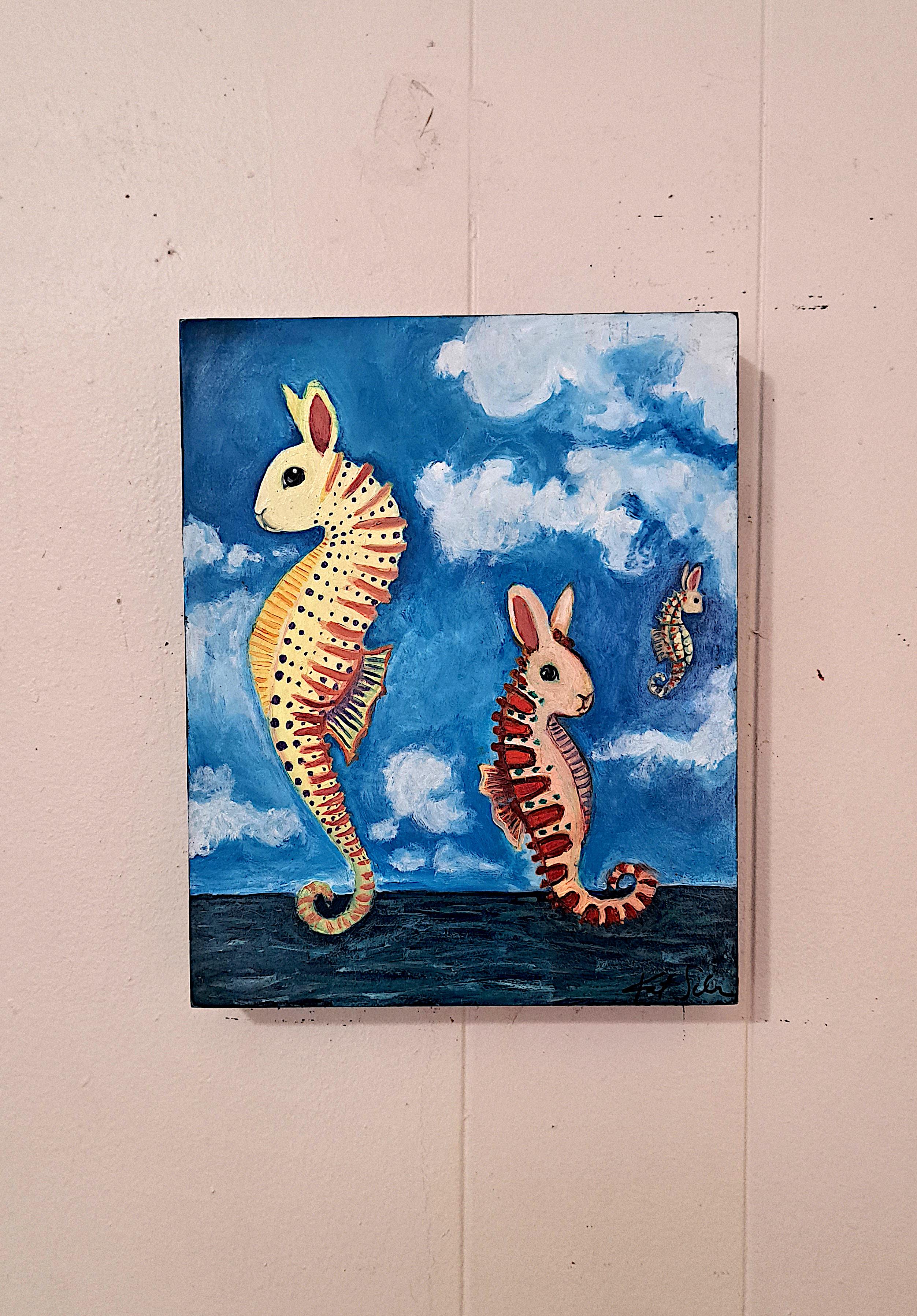 Sea Horse Bunnies, Oil Painting - Surrealist Art by Kat Silver