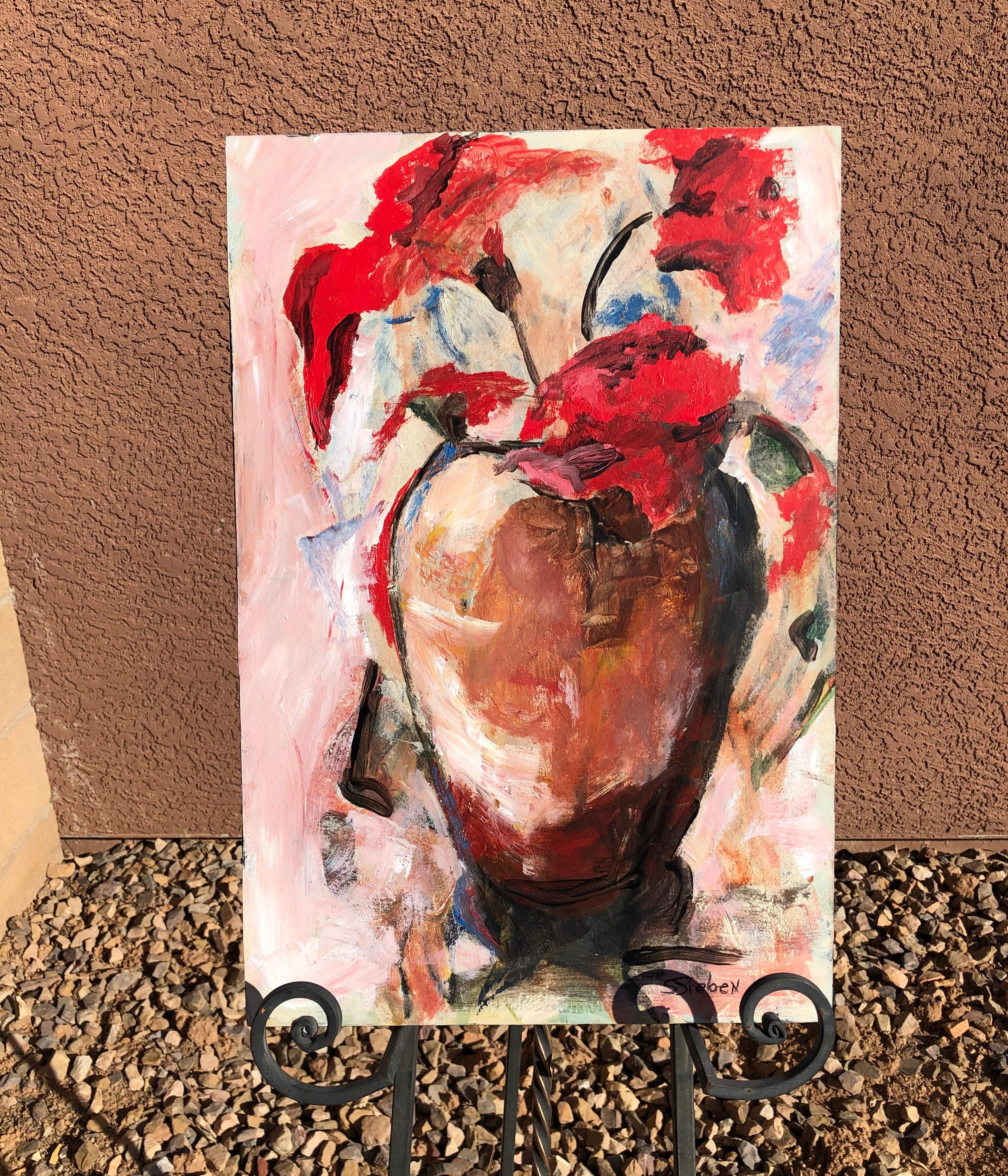 rouge en fleurs, peinture originale - Expressionniste Painting par Sharon Sieben