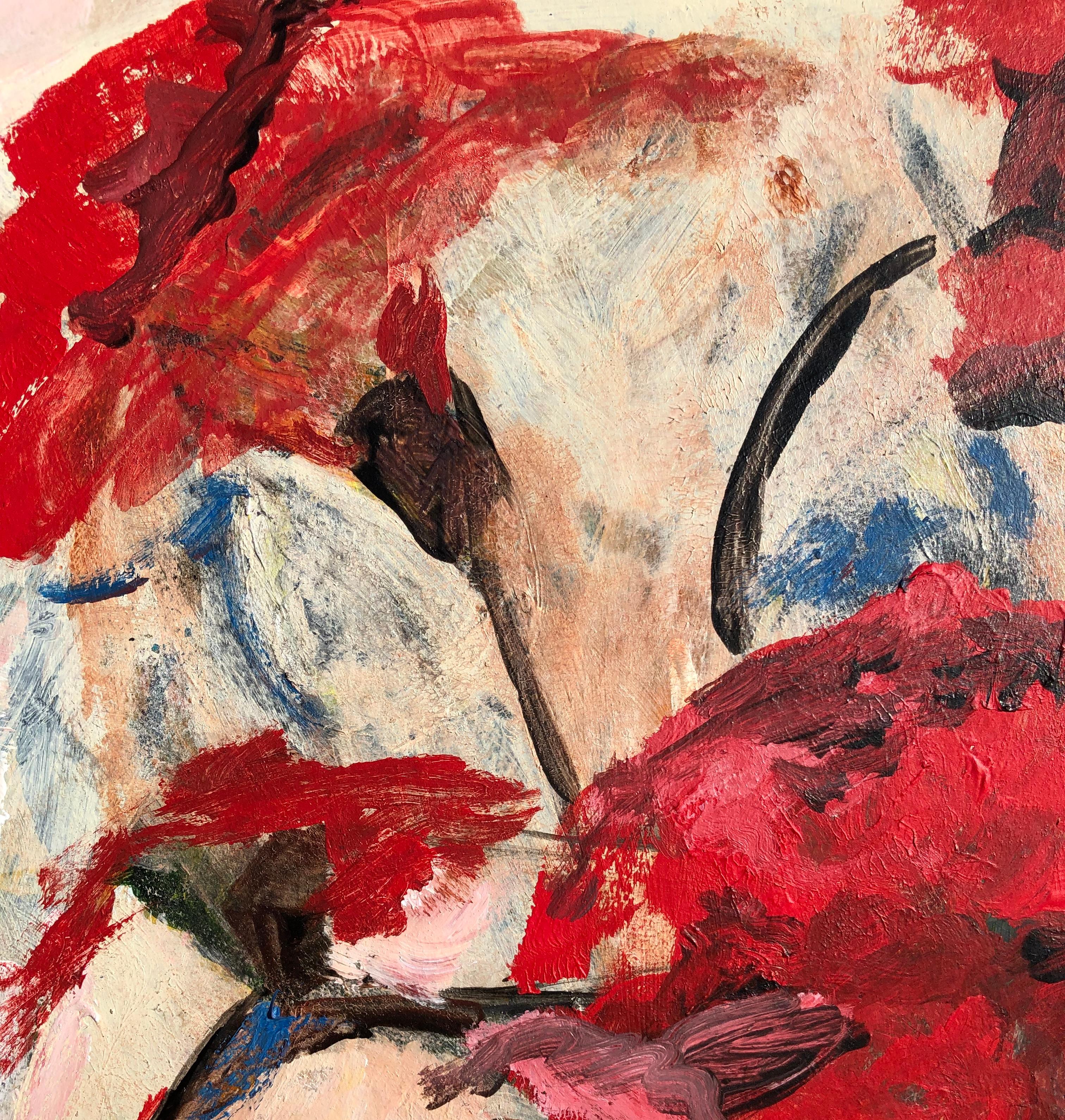 rouge en fleurs, peinture originale - Beige Still-Life Painting par Sharon Sieben