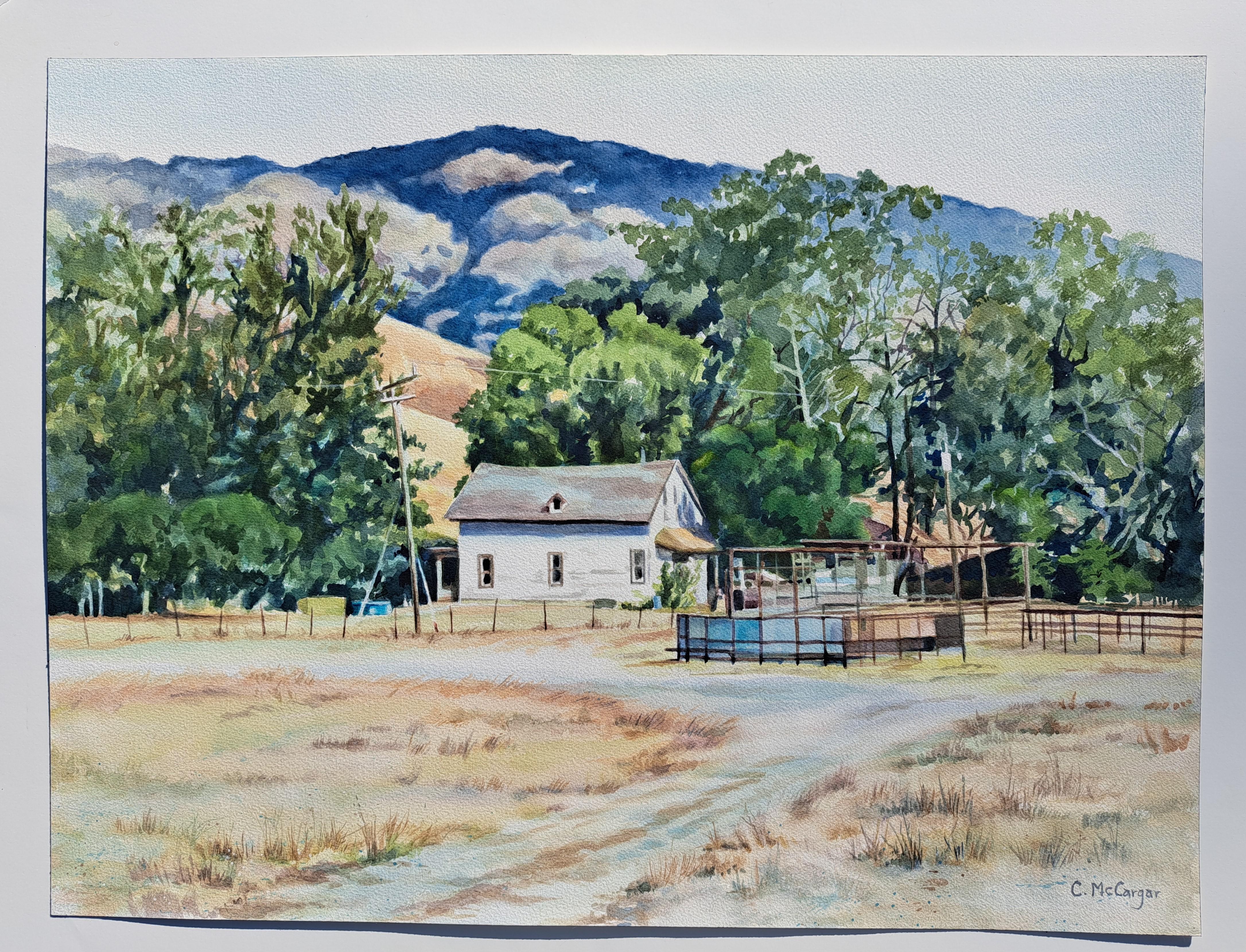 <p>Artist Comments<br>Artist Catherine McCargar captures the peaceful ambiance of a September morning in the countryside. She paints a view of Harmony, a tiny town along the central California coast just south of Cambria. The iconic farmhouse is