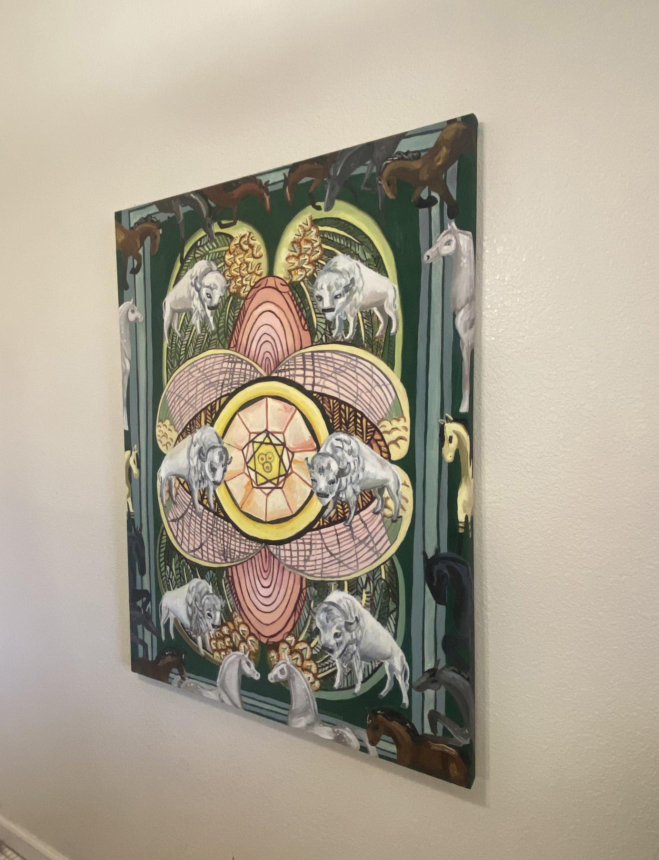 <p>Artist Comments<br />The painting reinterprets the Six of Pentacles tarot card, delving into the concept of gaining material wealth and enjoying one's work. The green hues symbolize abundance, nature, and growth, while the white bison adds a