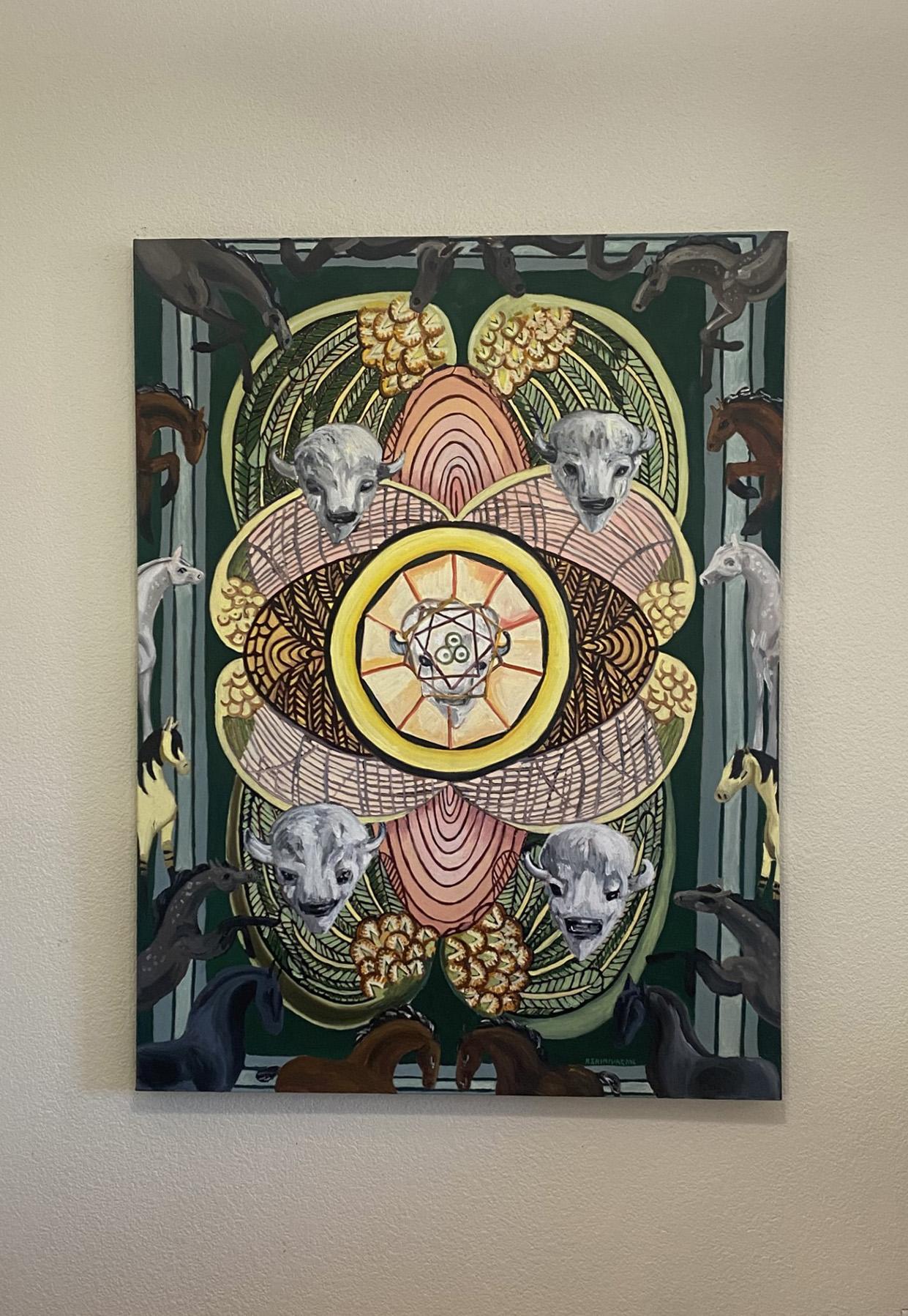 <p>Artist Comments<br />As a part of artist Rachel Srinivasan's Rodeo Series, the painting explores the symbolism of the five pentacles tarot card. The prominent green hues carry meanings of wealth, abundance, growth, and a connection to nature. The
