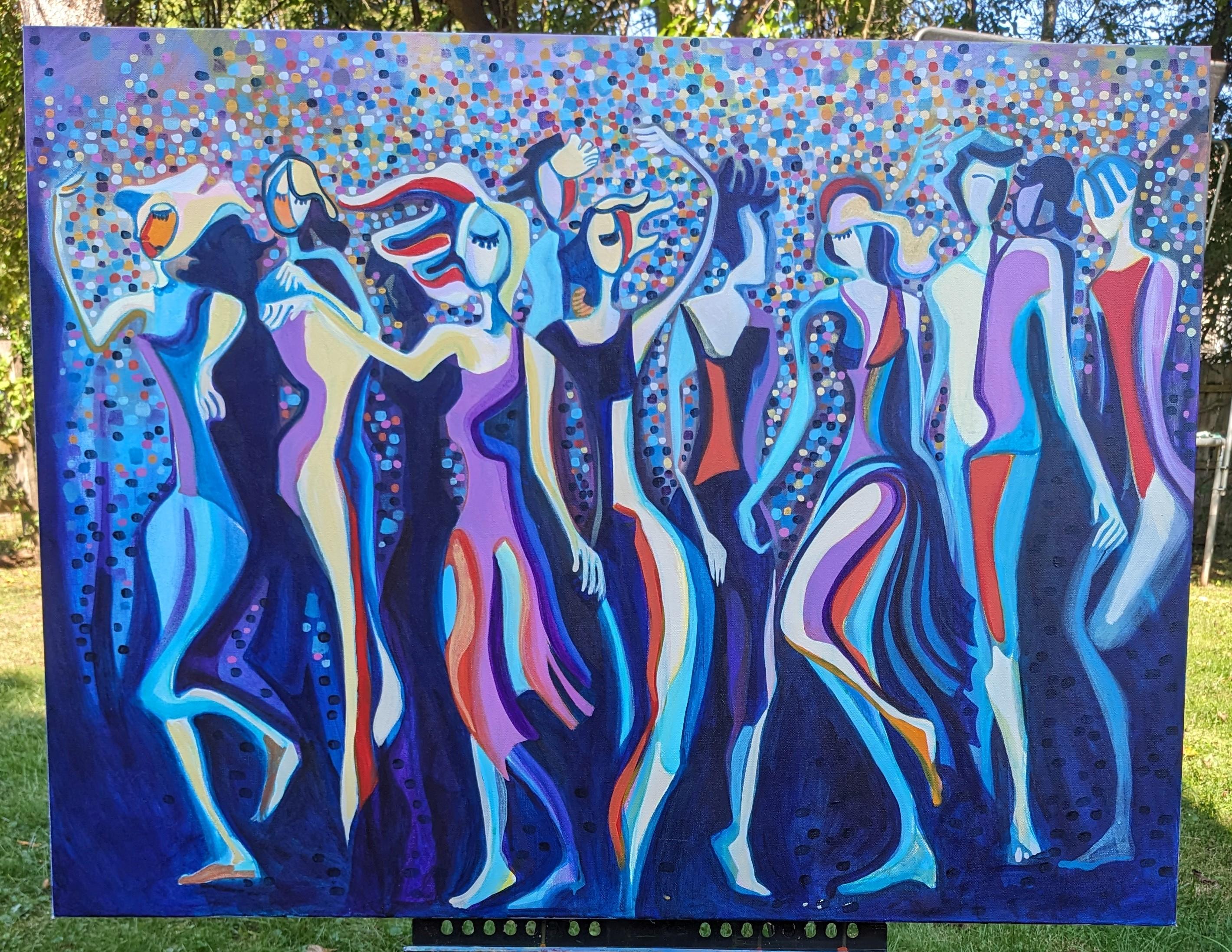 <p>Artist Comments<br>The painting captures a lively scene where a group of people dances joyfully, lost in the music with closed eyes. Their vibrant clothing and fluid movements infuse the composition with energy. The dotted lights add an extra