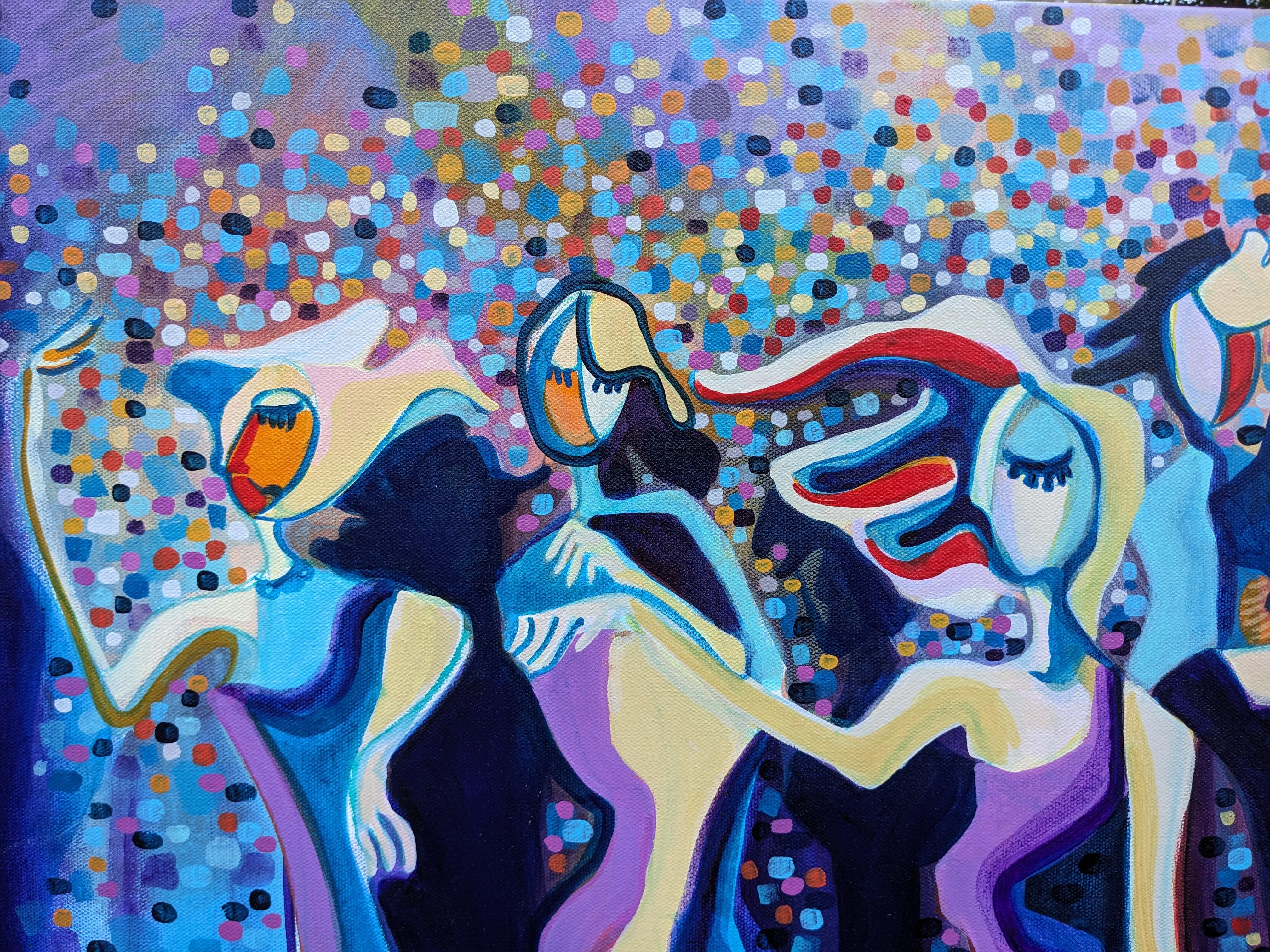 <p>Kommentare des Künstlers<br>Das Gemälde zeigt eine lebhafte Szene, in der eine Gruppe von Menschen fröhlich tanzt und sich mit geschlossenen Augen in der Musik verliert. Ihre farbenfrohe Kleidung und ihre fließenden Bewegungen verleihen der