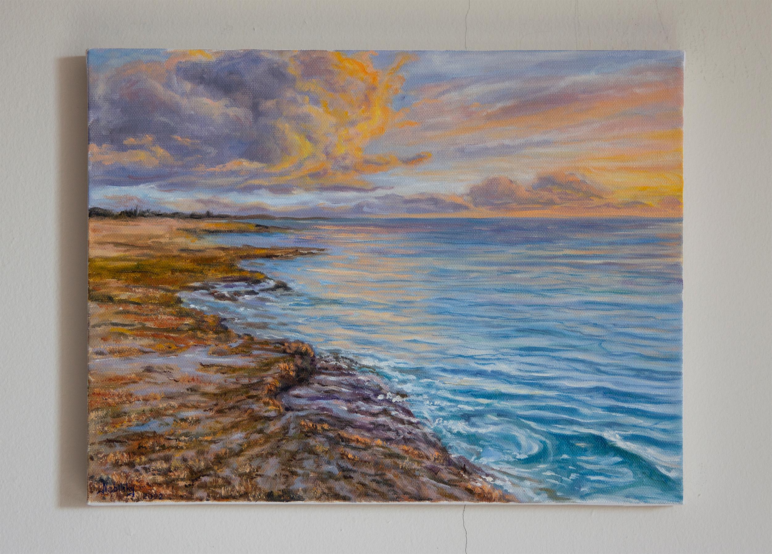 <p>Artist Comments<br />The streams of light cast a warm and inviting atmosphere on the shore. Each sunset on the ocean tells a unique story. The harmony between the ever-changing clouds, quickly shifting hues in the sky, and fluctuating waves of
