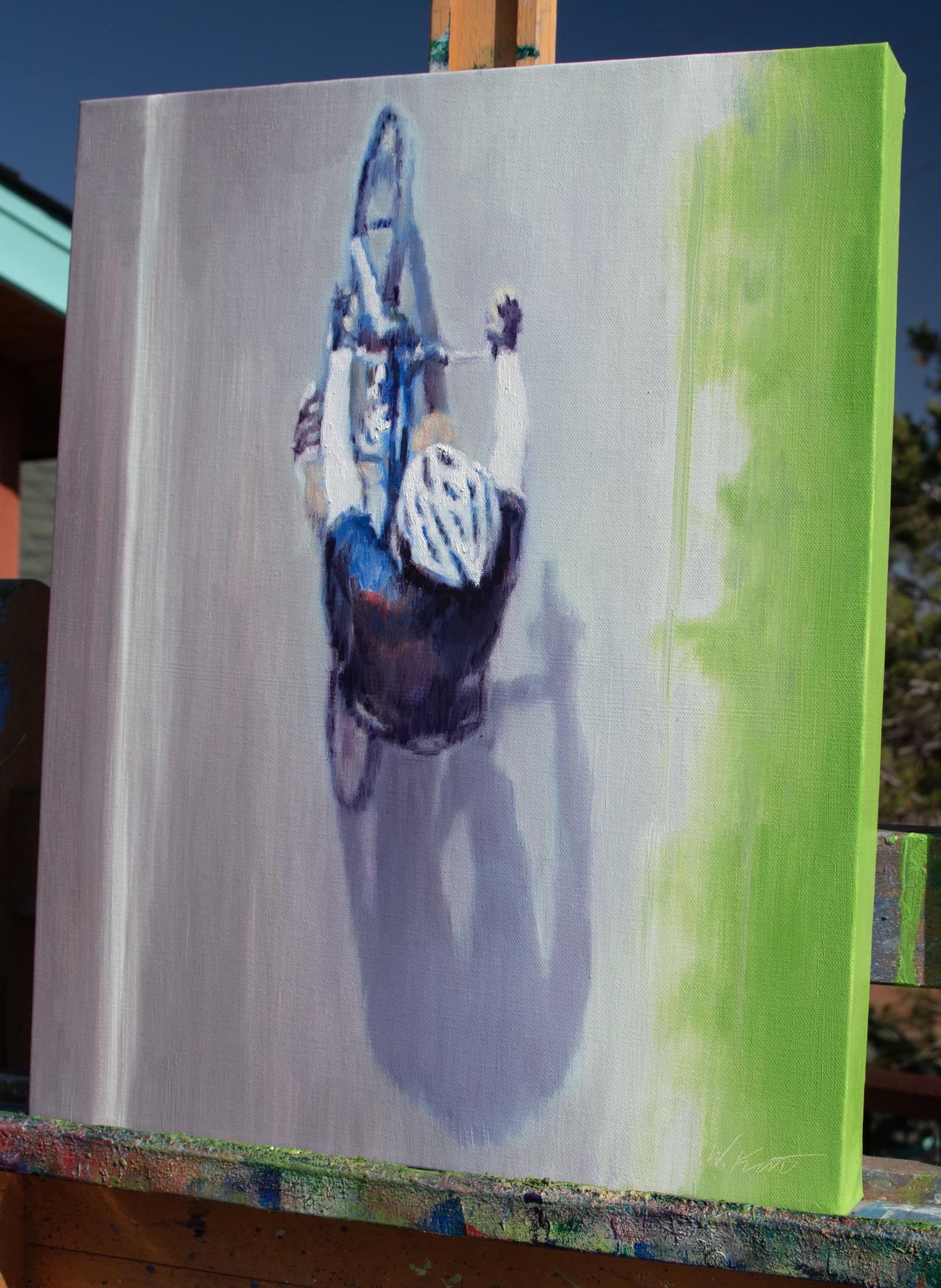 <p>Artist Comments<br>From an aerial perspective, the figurative painting of a bicycle rider establishes a flat space and a distinctive viewpoint. The combination of muted grays and vibrant greens adds depth and contrast to the scene, offering the
