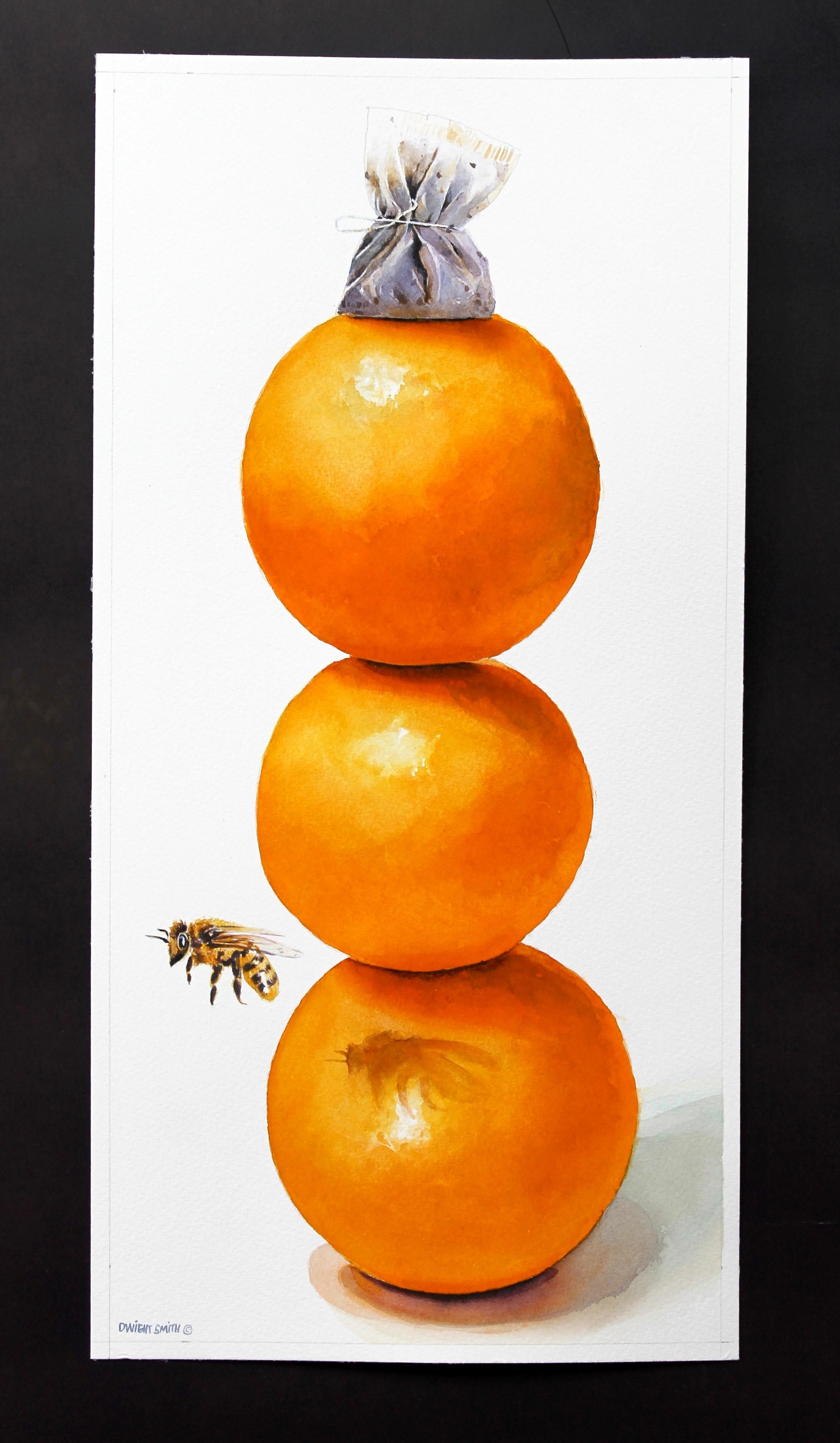 <p>Artist Comments<br>In this watercolor still life, a stack of large, plump oranges forms a column, with a tea bag resting on top. A honey bee buzzes by, leaving its shadow on the fruit. The composition plays with vibrant citrus tones and subdued