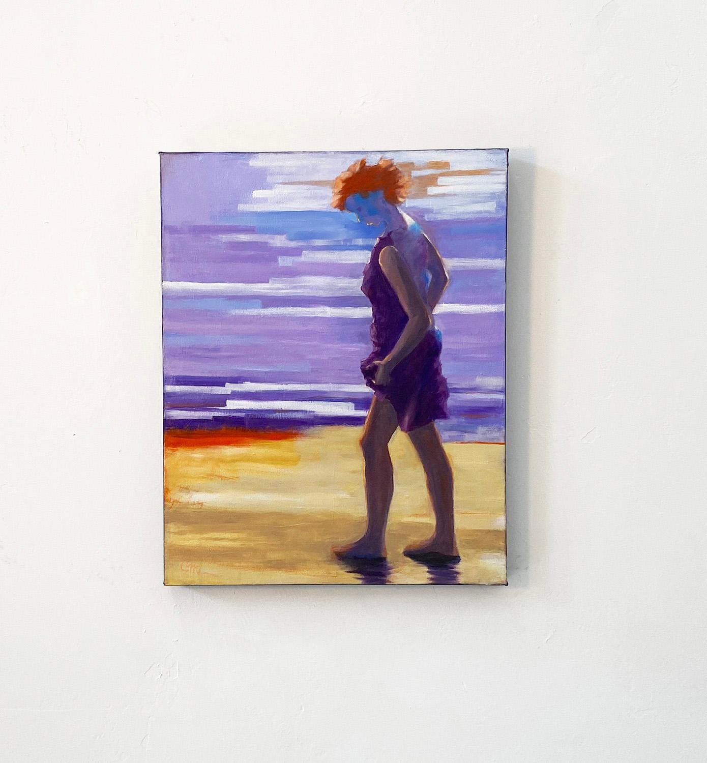 <p>Artist Comments<br />A woman holds her dress as she walks on the beach. The bright golden light outlines her body, setting her apart from the abstract purple horizon in the background. With broad brushstrokes, artist Connie Millholland uses