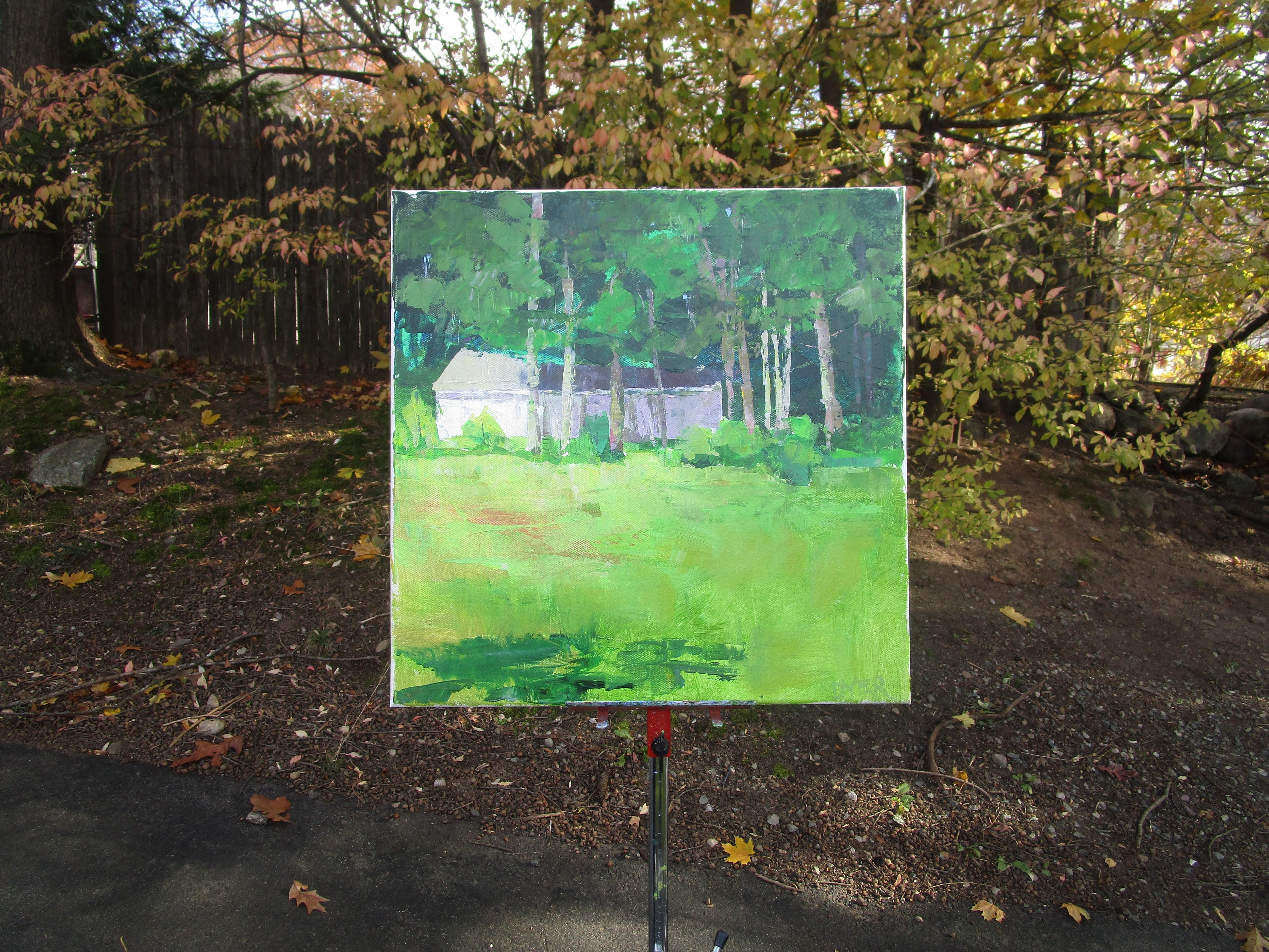 <p>Kommentare des Künstlers<br>Dieses impressionistische Gemälde fängt eine ruhige Vorstadtlandschaft ein. Ein abgelegenes Haus schmiegt sich unter ein üppiges Blätterdach, vor dem sich eine riesige Wiese ausbreitet. Das Spiel von Licht und Schatten