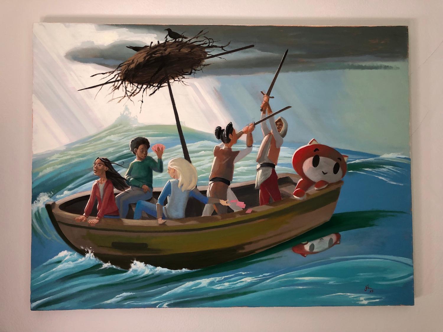 <p>Kommentare des Künstlers<br>Eine Gruppe von Freunden segelt in einem kleinen Schiff, das sich auf dem Meer tummelt. Einige beschäftigen sich mit verschiedenen Aktivitäten, um sich bei Laune zu halten, während die Ausgucke den Horizont im Auge