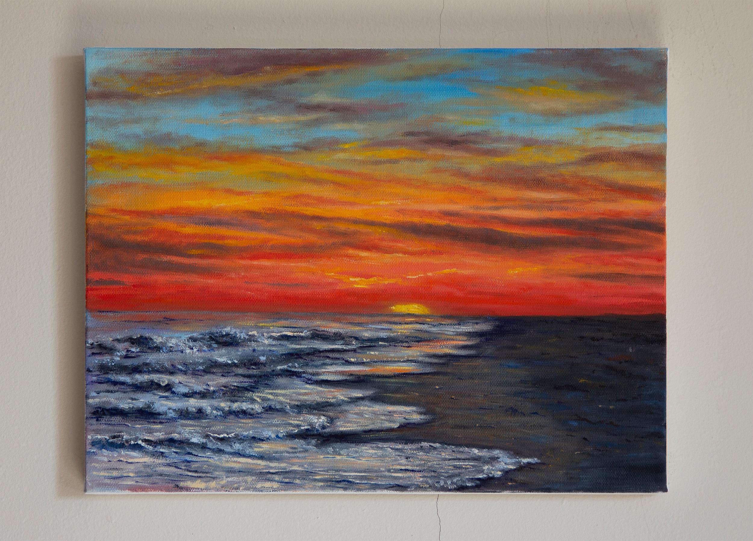<p>Artist Comments<br />Artist Olena Nabilsky captures the glorious moment before darkness when shades of red fill the sky. Delicate clouds gracefully drift across the heavens, engaged in a dance led by the cool ocean breeze and the rhythmic tunes