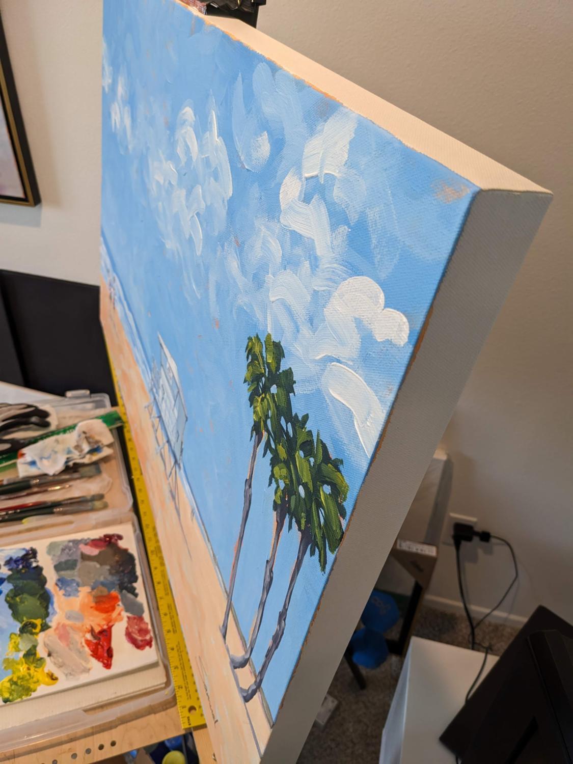 <p>Artist Comments<br>The lifeguard tower, palm trees, and beachgoers bask in the sun on a radiant summer day. The wind blows the clouds across the sky and sweeps the waves along the shore. Bright, vibrant colors and soft brushstrokes bring the