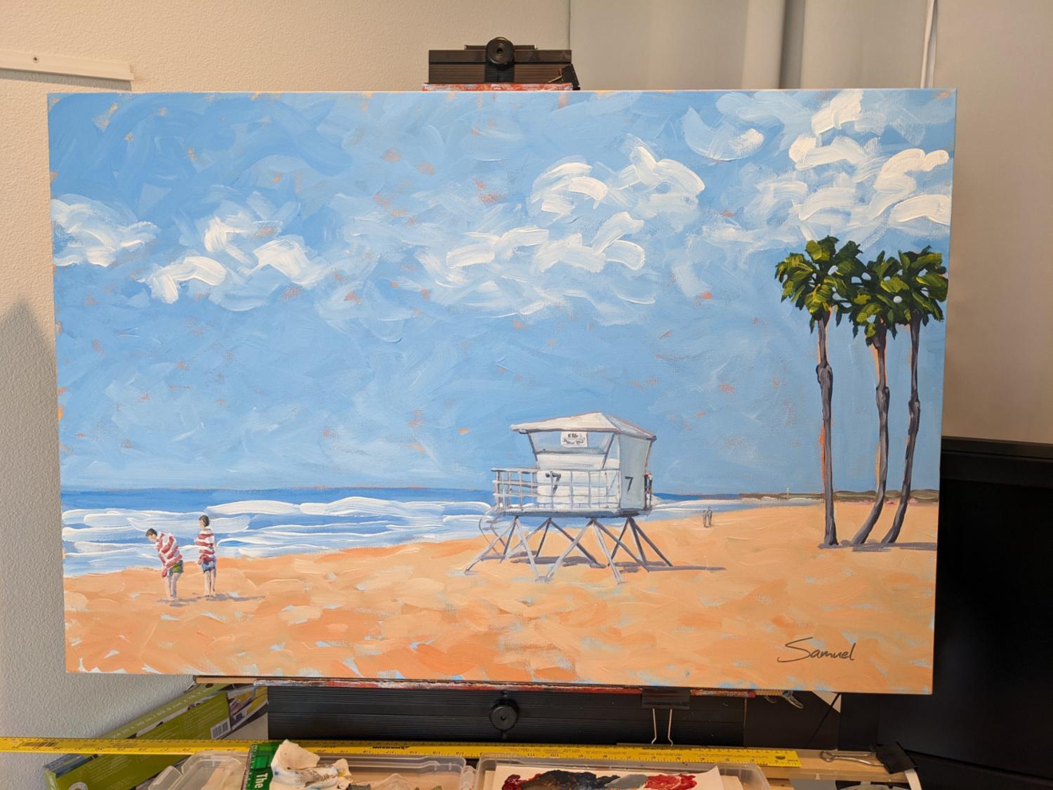 Lifeguard Tower and Beachgoers, Original Painting For Sale 1