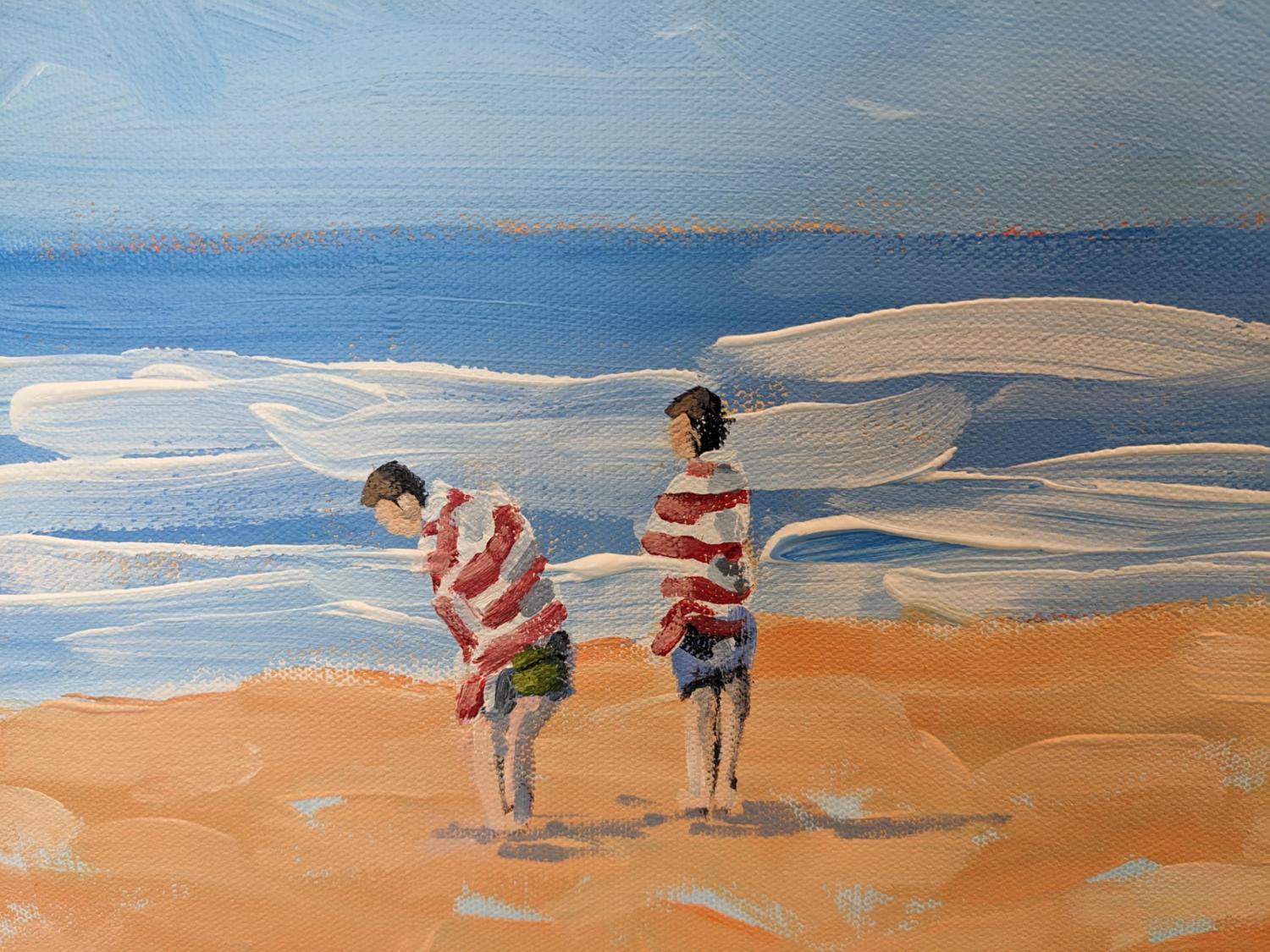 Lifeguard Tower and Beachgoers, Original Painting For Sale 2