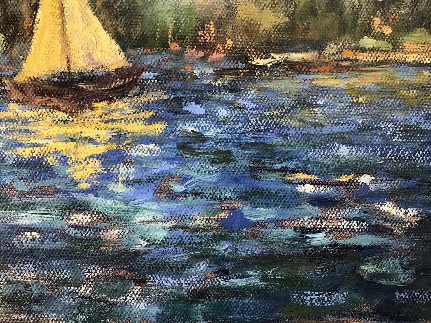Yellow Sail on Patriot Lake, Oil Painting For Sale 1