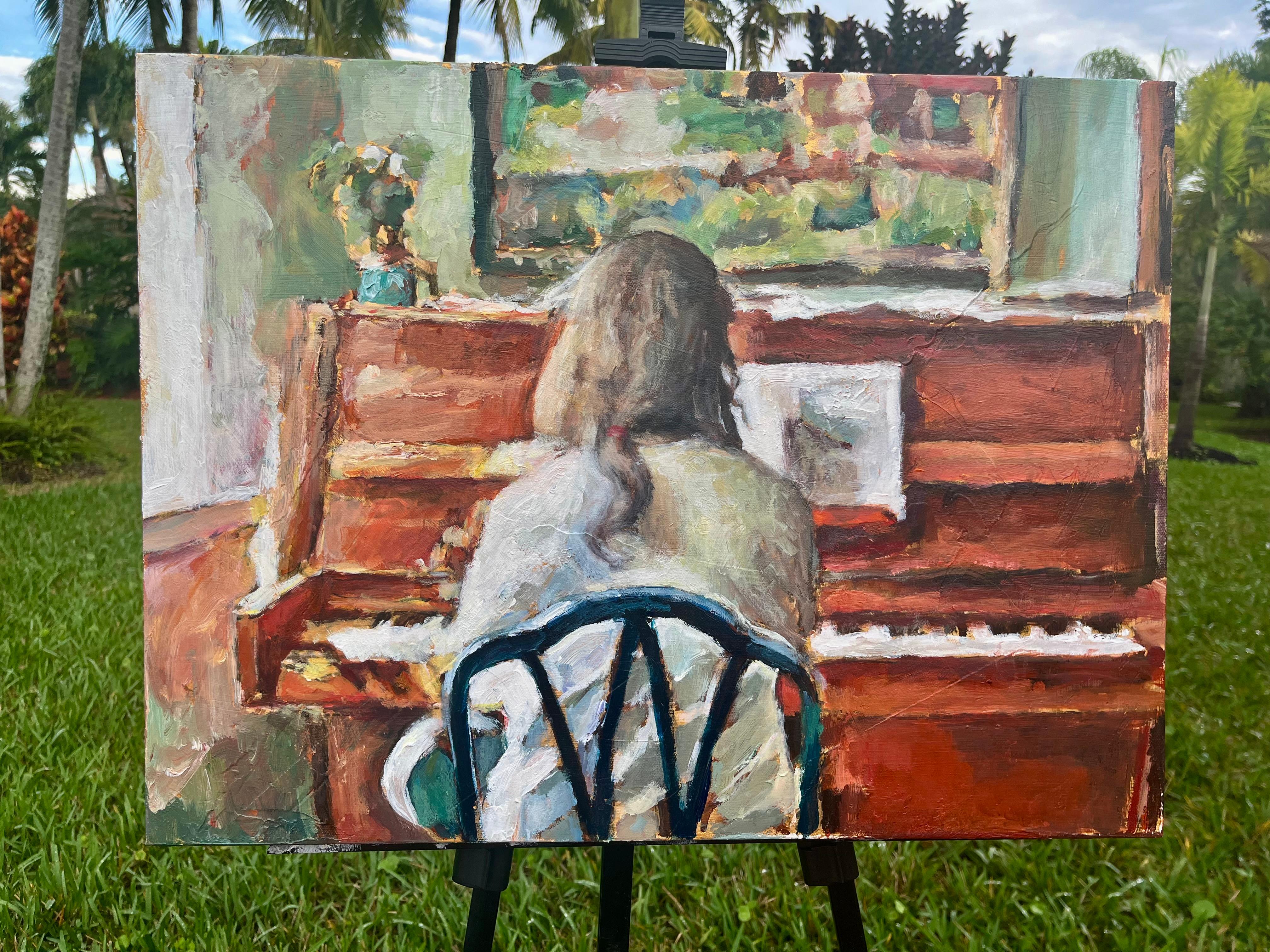 <p>Artist Comments<br>Bathed in the glow from the window and an inner light, a woman sits in front of a piano. As she gently hits the keys, she plays her hopeful tune. This impressionist artwork echoes the vibrant energy of her
