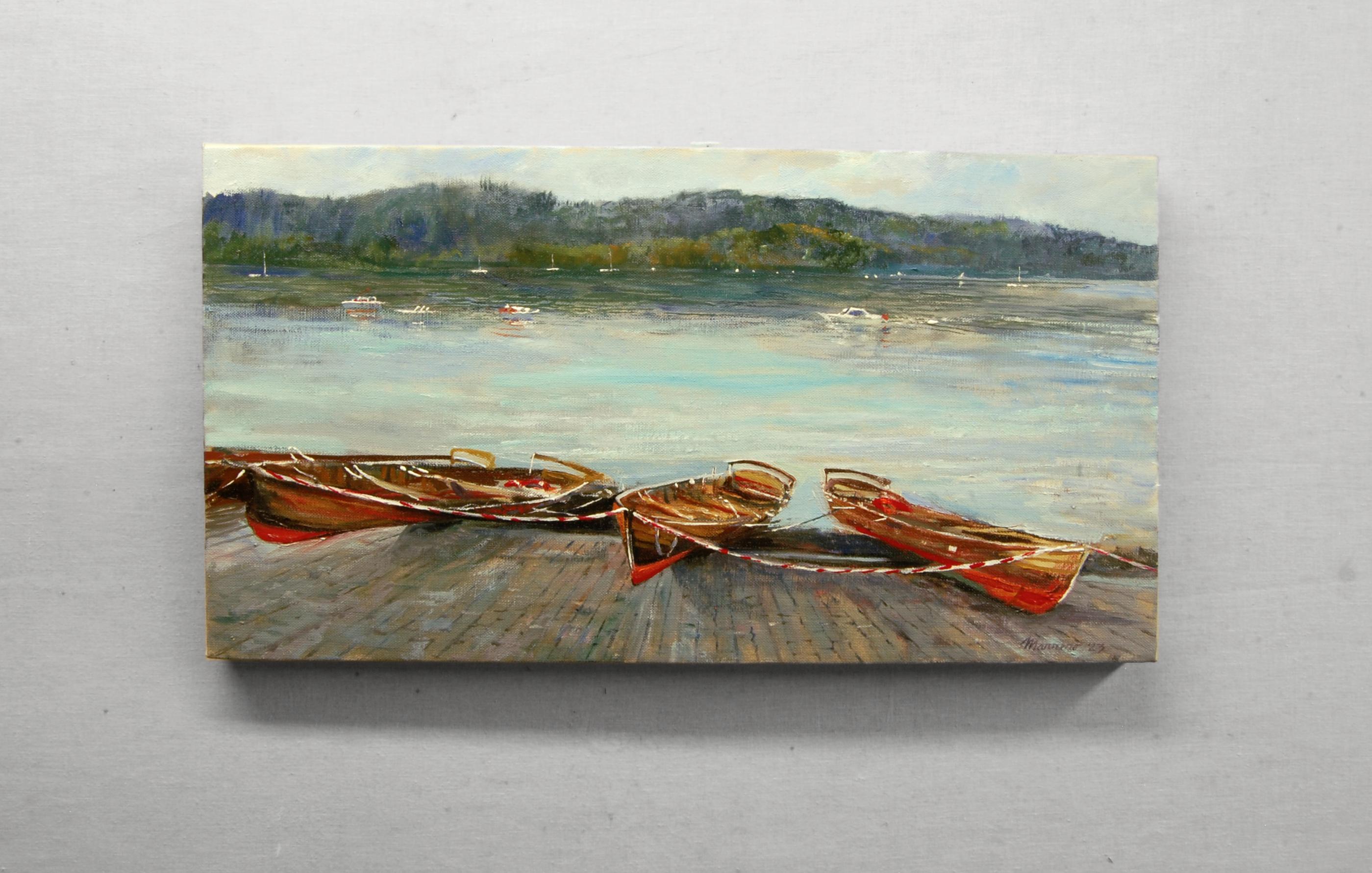<p>Artist Comments<br>Three skiffs rest at the southern part of Lake Windermere in England while ferry boats cruise in the distance. The peaceful water reflects the cloudy sky above. The scene gains depth from the contrast between the colors and