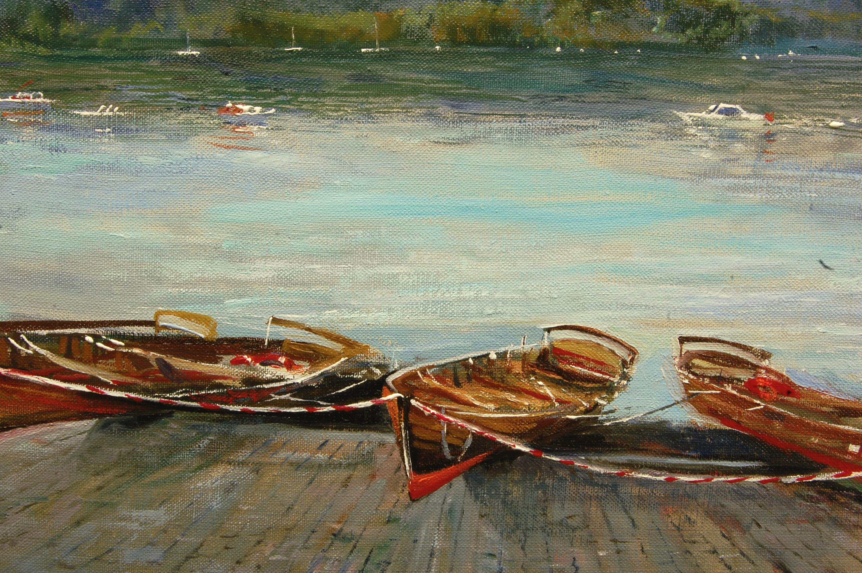 Sciami al lago Windermere, Pittura a olio - Landscape Painting Grigio di Onelio Marrero