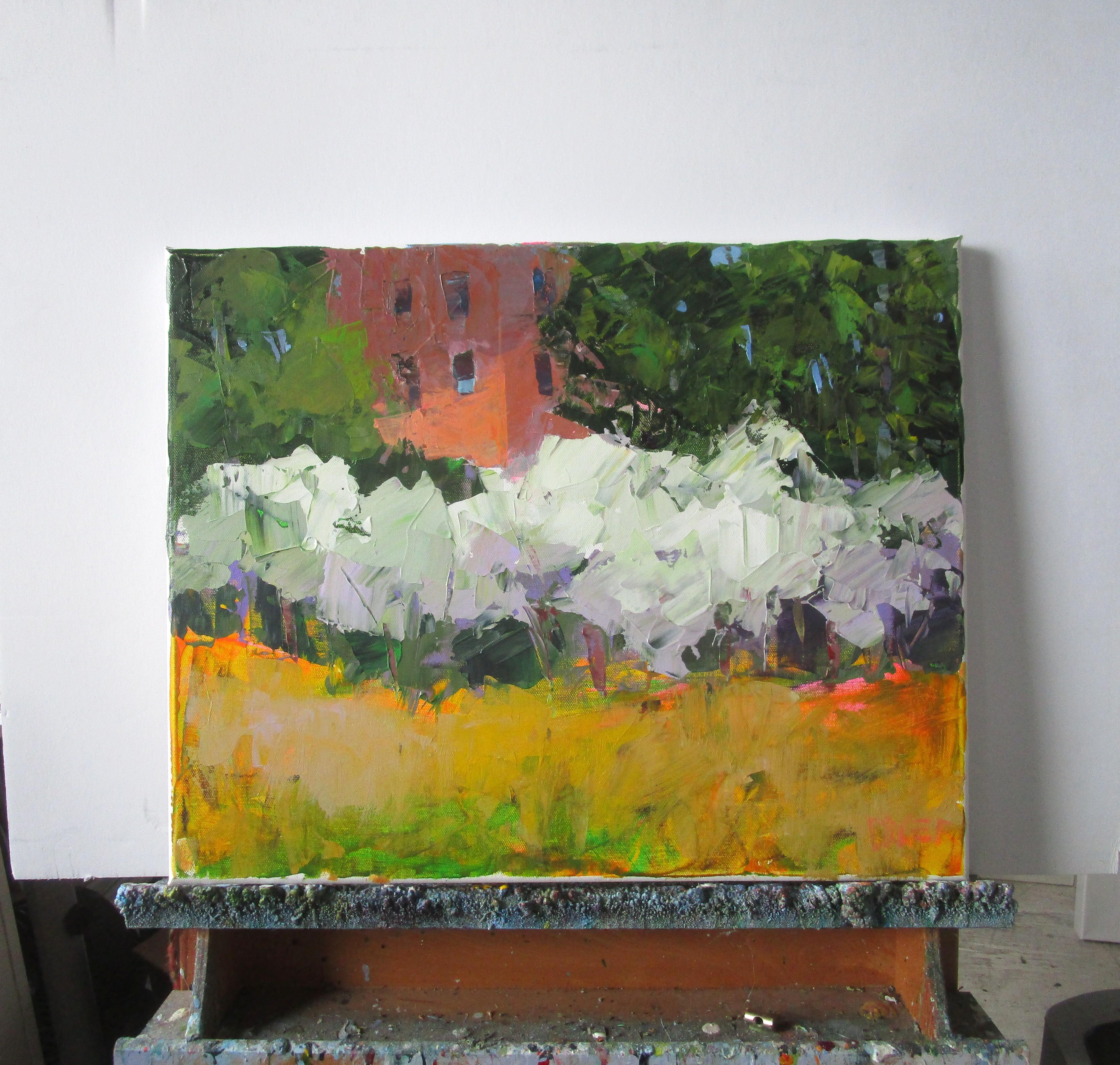 Olivenbäume von Gebäude, Originalgemälde (Impressionismus), Painting, von Janet Dyer