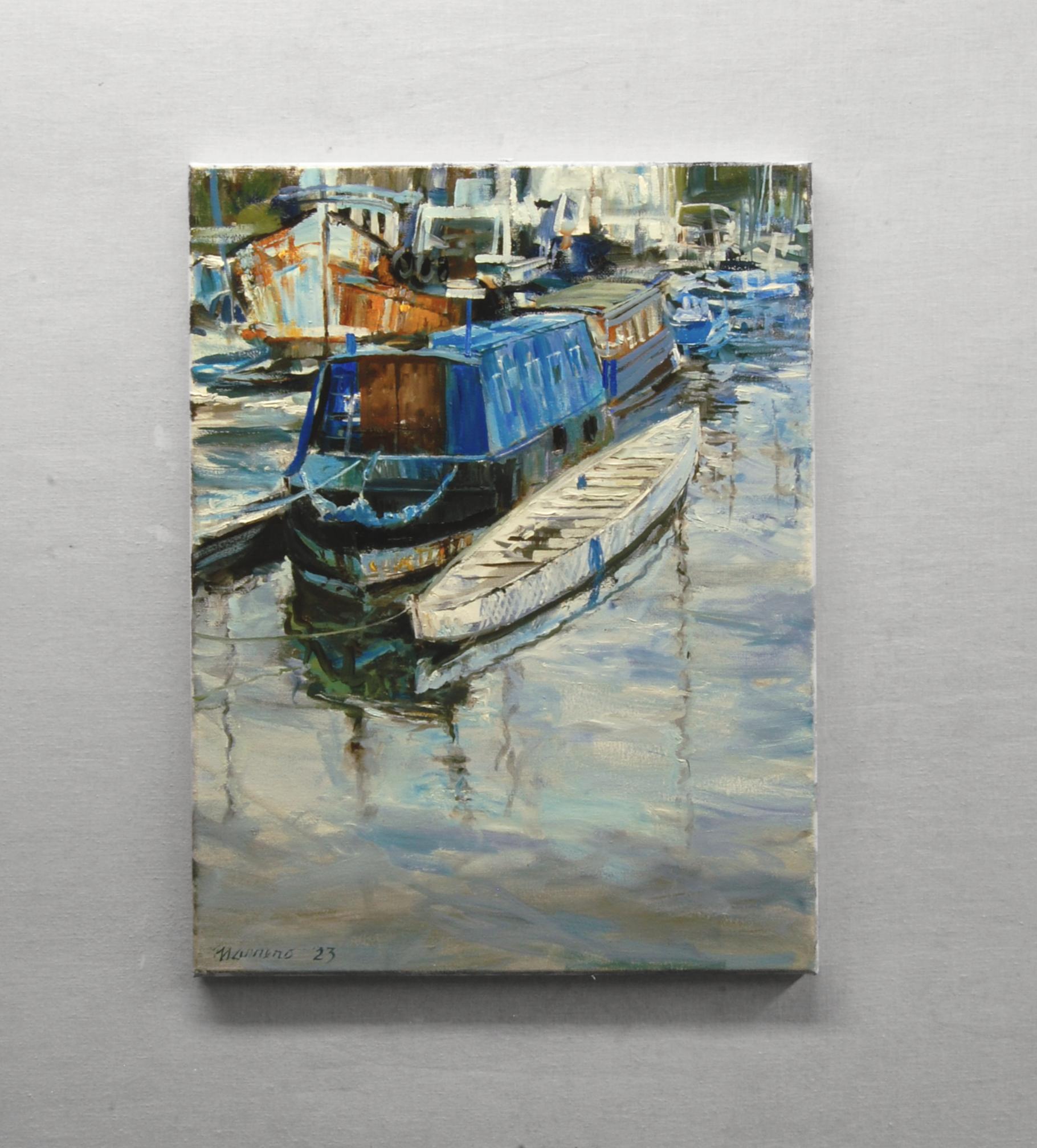 <p>Artist Comments<br>Inspired by a stroll around Waterford, Ireland, this painting showcases an array of boats lined along the pier. A houseboat stands out prominently in the composition, distinguished by its vibrant blue color. Bold strokes unify
