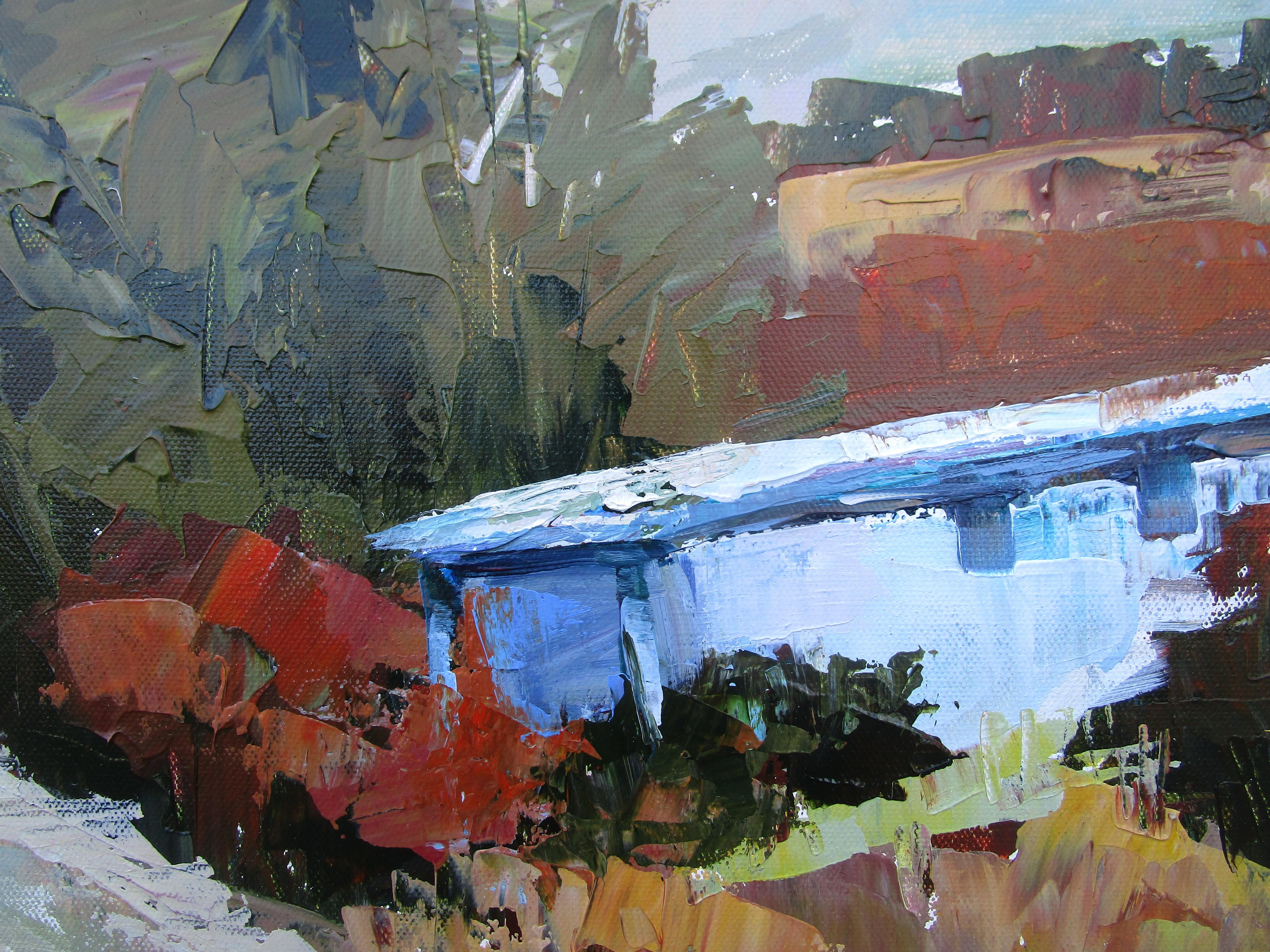 <p>Kommentare des Künstlers<br>Dieses Gemälde zeigt ein verlassenes Haus, das von überwucherten Büschen fast verdeckt wird. Die sonnenbeschienene Straße erstreckt sich endlos bis zum Horizont und durchschneidet die gedämpften Farbtöne des