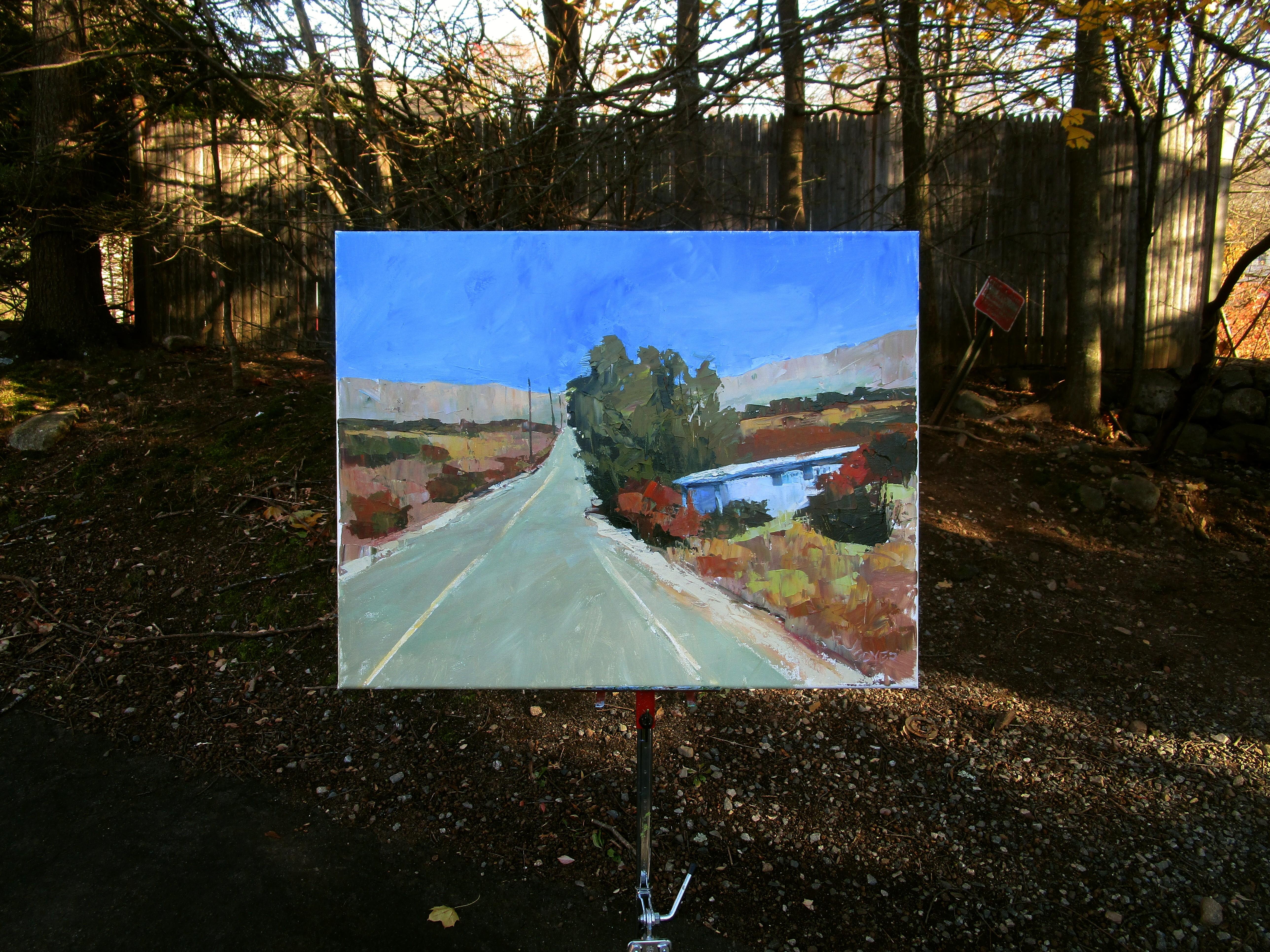 <p>Artist Comments<br>This painting captures an abandoned house nearly concealed by overgrown bushes. The sunlit road extends endlessly into the horizon, cutting through the muted hues of the desert soil. The bold and energetic paint application,
