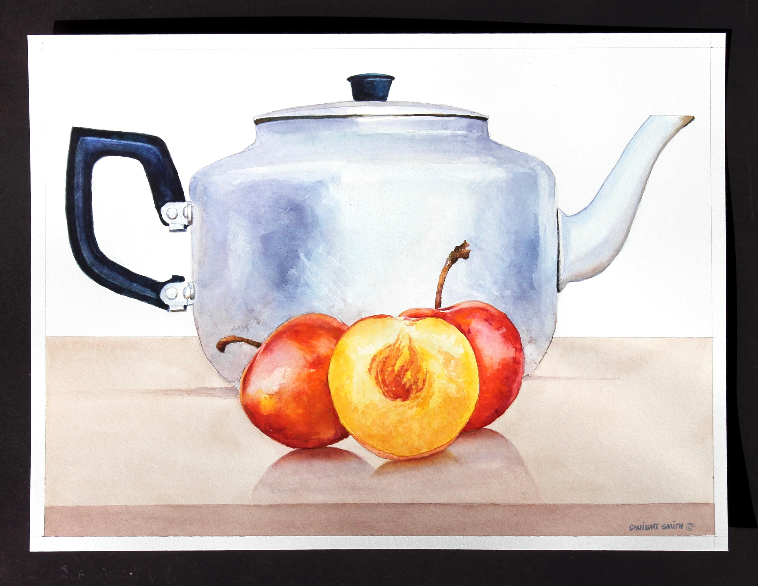 <p>Artist Comments<br>The teapot's handle and spout mirror the stems of the plums. The interplay of the sturdy, metallic exterior of the container with the vibrant and soft flesh and skin of the fruits adds a dynamic contrast to the composition.