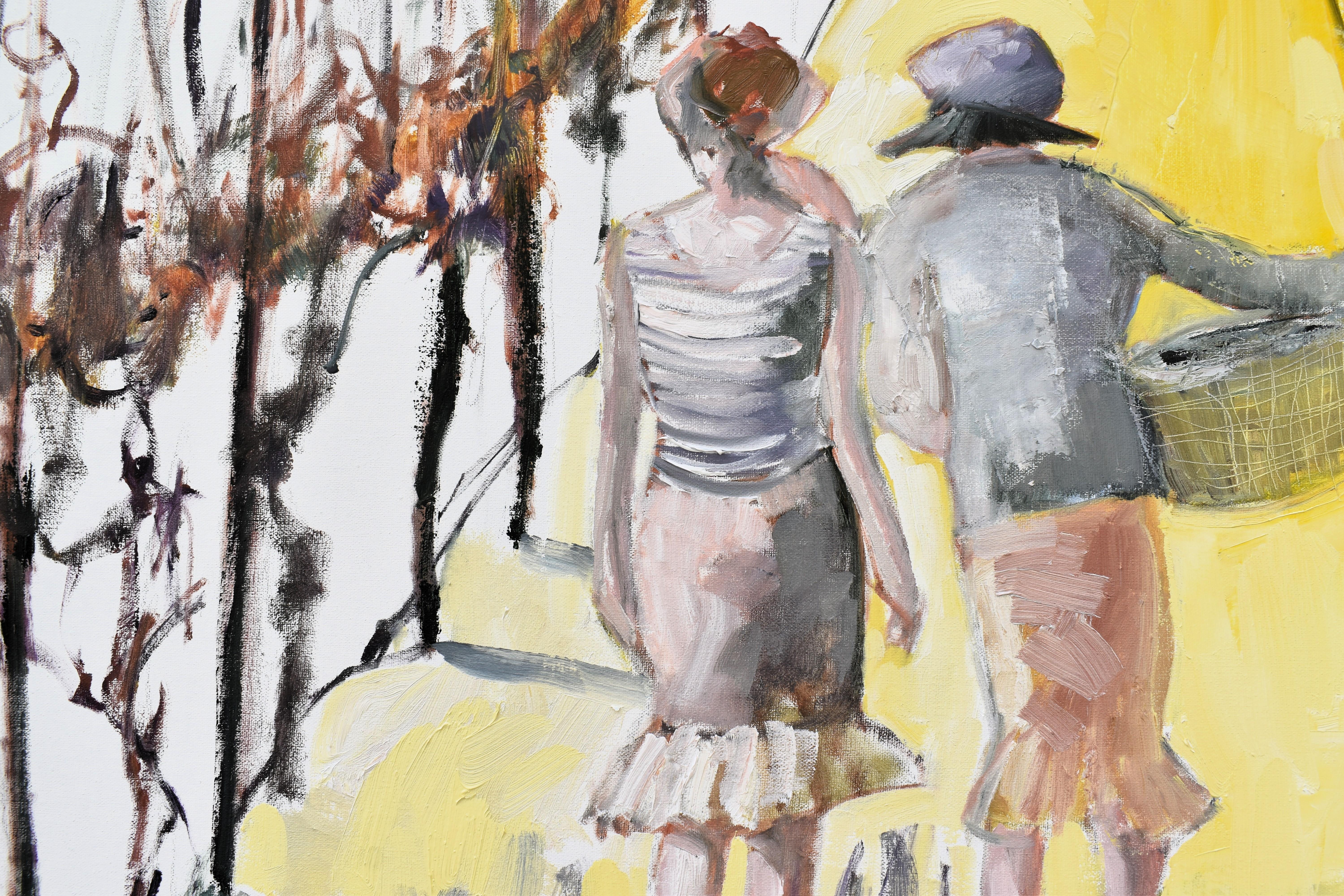 <p>Artist Comments<br>Two winemakers trek the vineyard isles toward the brightness and possibilities. An intentional use of white space in the composition allows the dominant yellow elements to stand out. With loose details and a limited palette,
