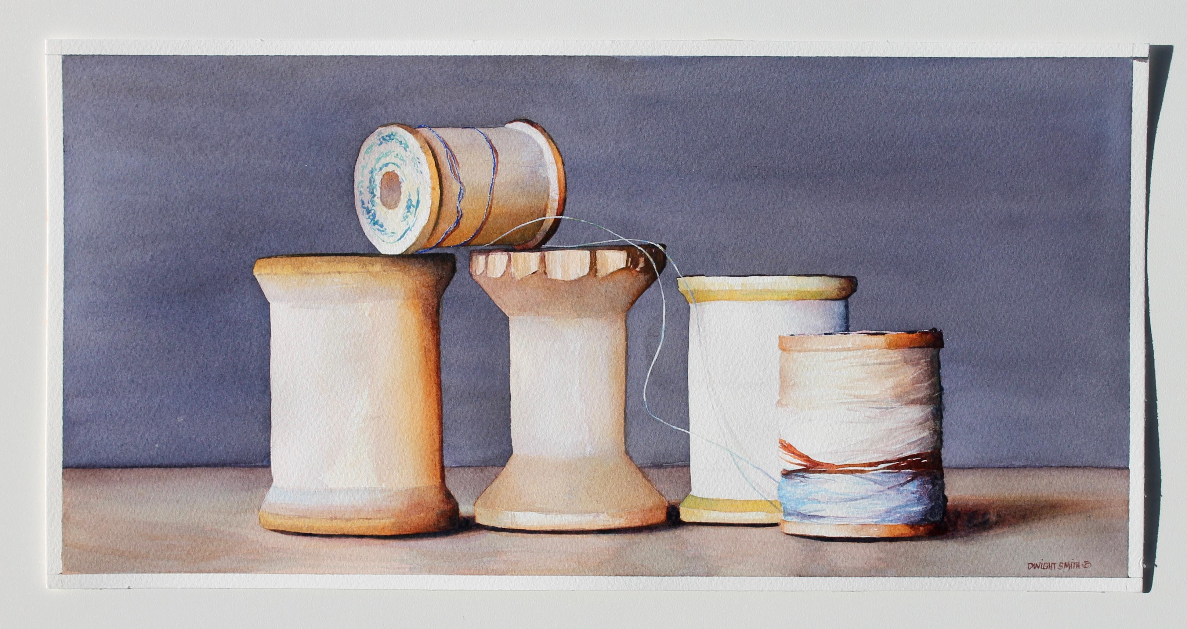 <p>Artist Comments<br>Wooden spools convey a natural landscape reminiscent of towering cliffs. Hues of blue threads form a vista mimicking rain pouring down on dry land. The interplay of light and shadow against the table and the backdrop of a gray