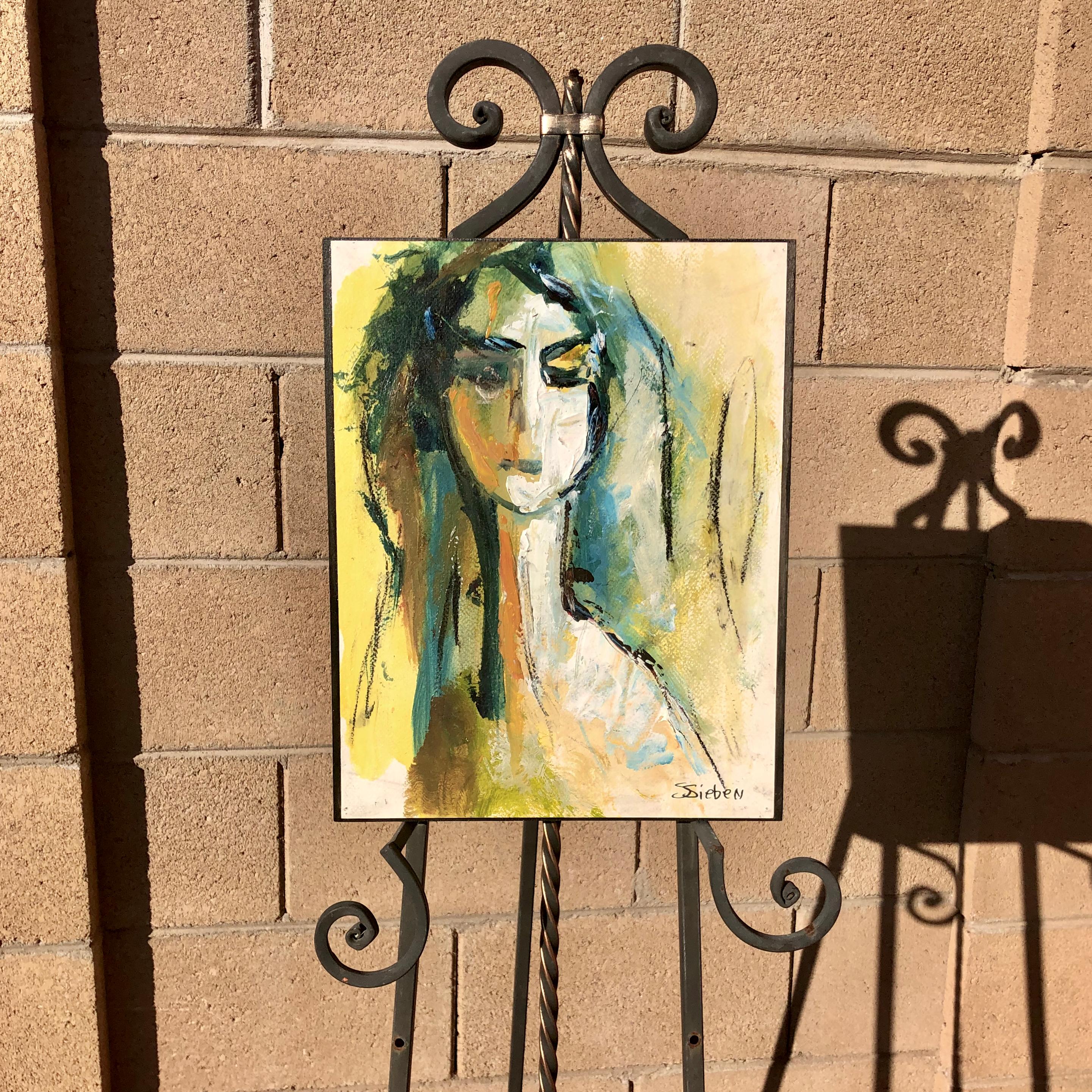 <p>Artist Comments<br>This painting portrays a woman with an ambiguous expression, adding a mysterious mood to the piece. The blue streaks in her hair and the shadow on her face create a contrasting visual against the muted yellow