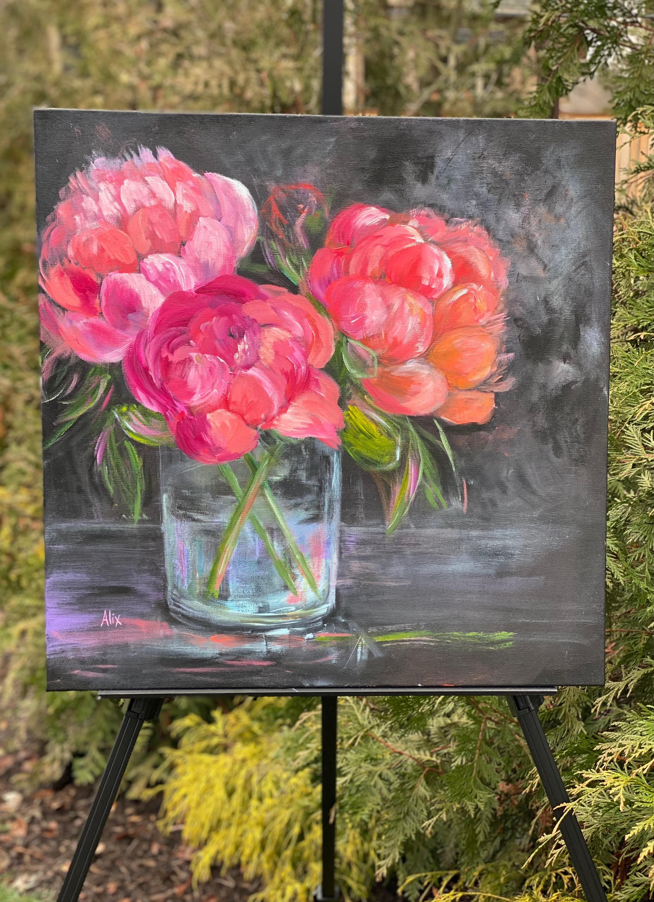 <p>Artist Comments<br>This still-life painting features peonies in shades of corals, pinks, and reds. Against a dark background, the flowers and vase stand out, creating a visually striking contrast. The reflective surface of the table mirrors the