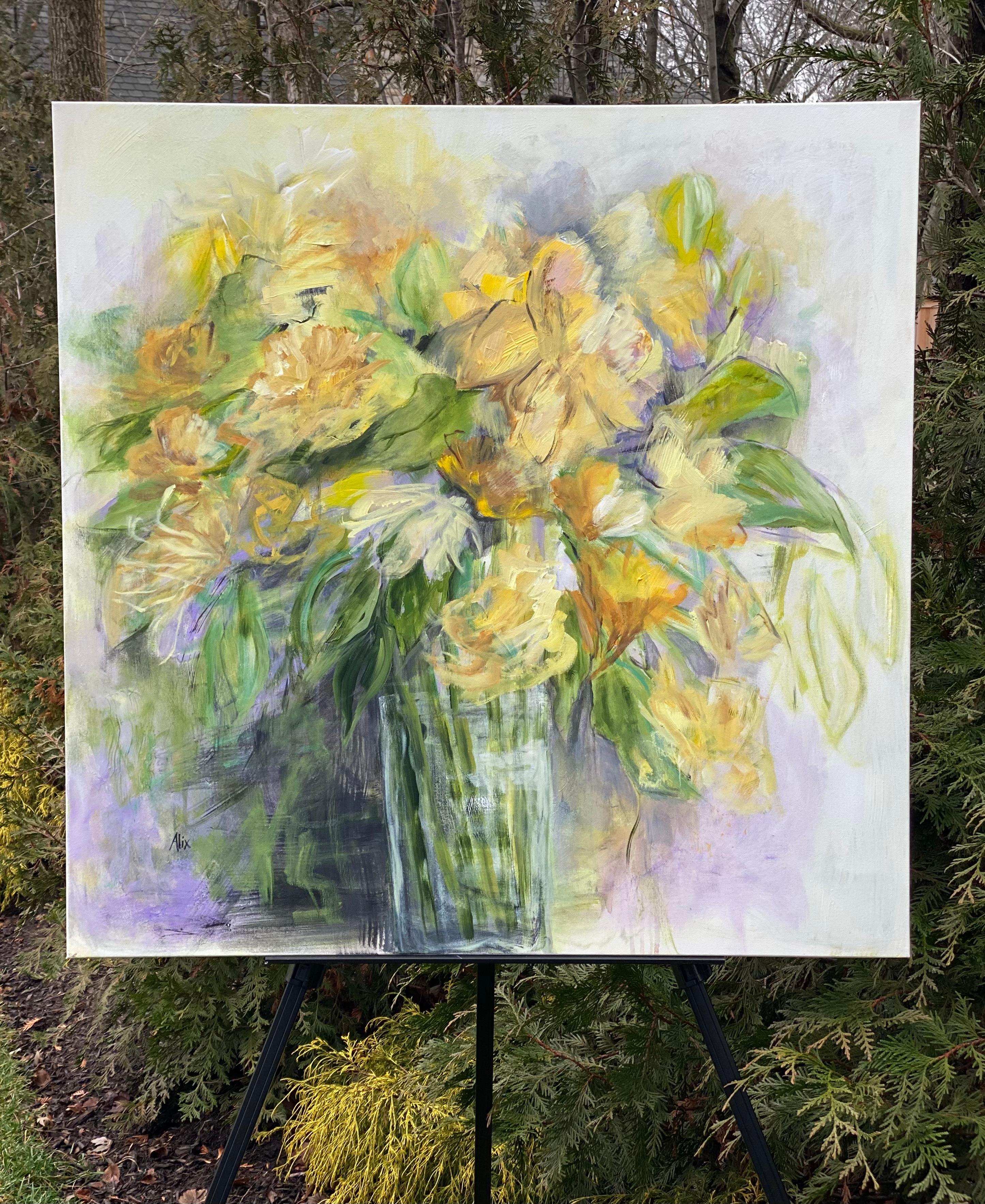 <p>Artist Comments<br>This painting presents a cheerful bouquet with dark undertones and is complemented with shades of violets and greens. The vague details of the composition invite the viewer to ponder about the types of yellow flowers. The