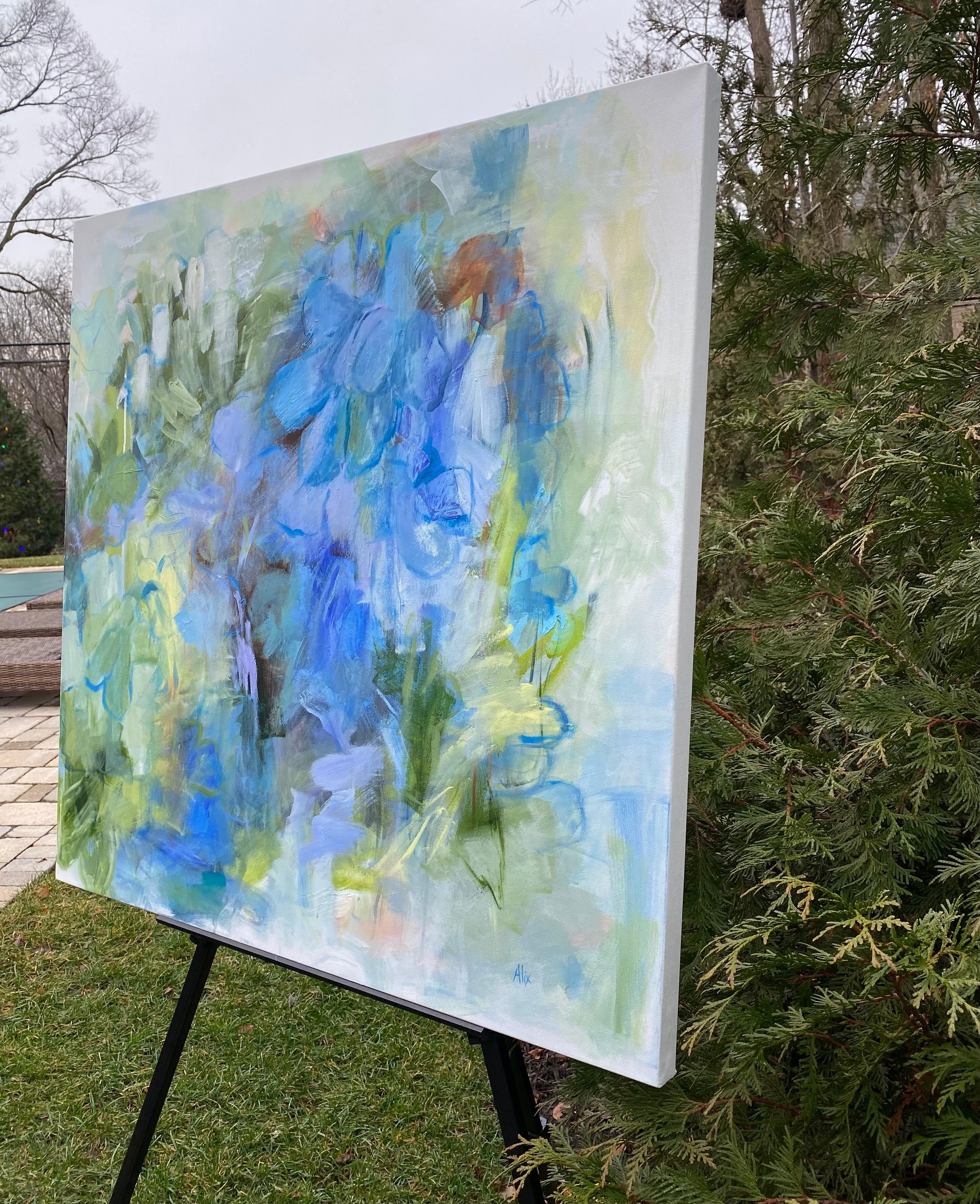 <p>Artist Comments<br>This vibrant piece captures the essence of hydrangeas with varying shades of blue. Layers of liquid acrylics and thick application of full-bodied paint create veils of whites, greens, and purple. The composition echoes the