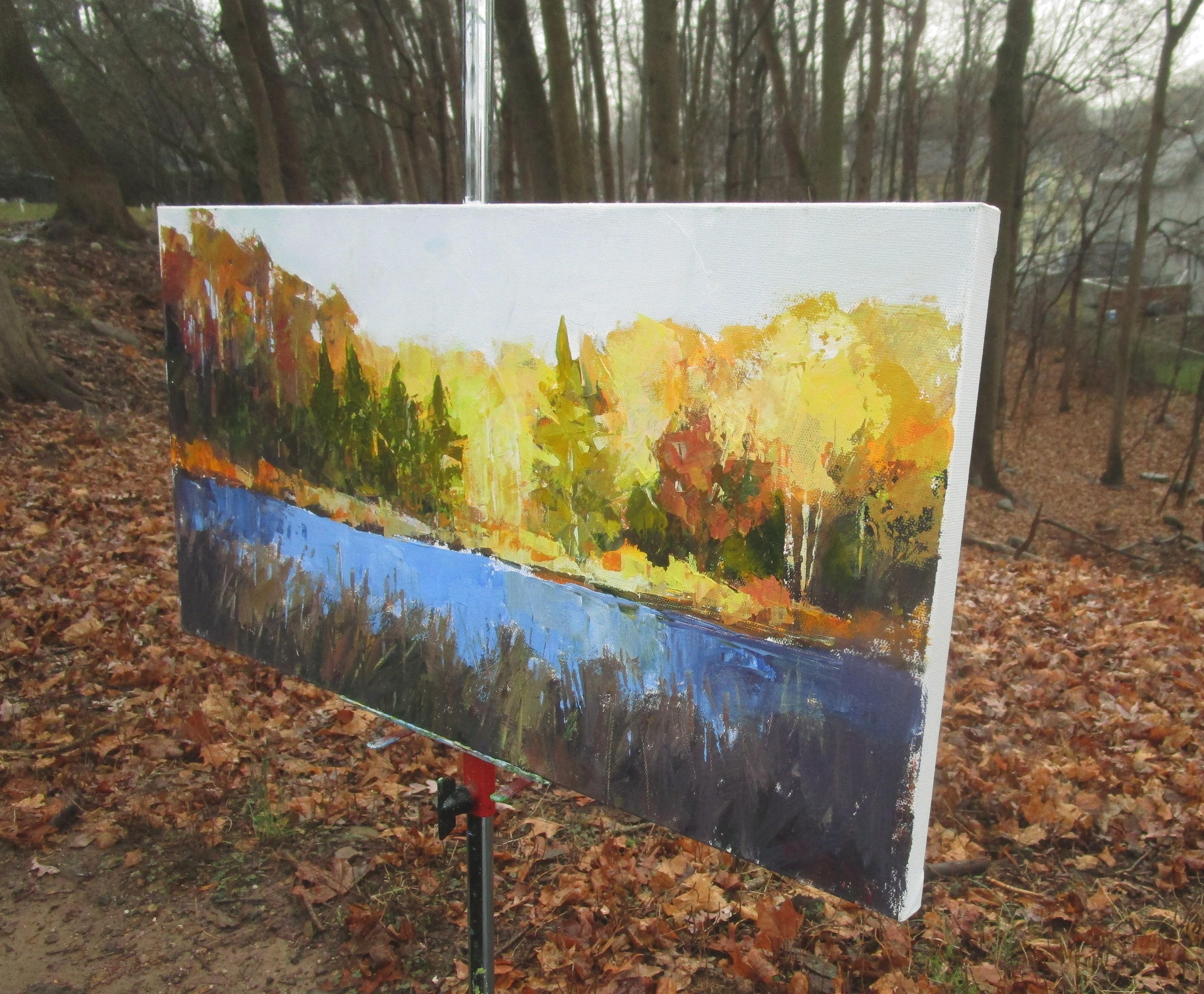 <p>Artist Comments<br>This painting portrays a nature preserve and a bird sanctuary nestled amidst subdivisions. The composition features a tranquil pond surrounded by autumn trees. With the sun setting low in the sky, the scene provides a serene