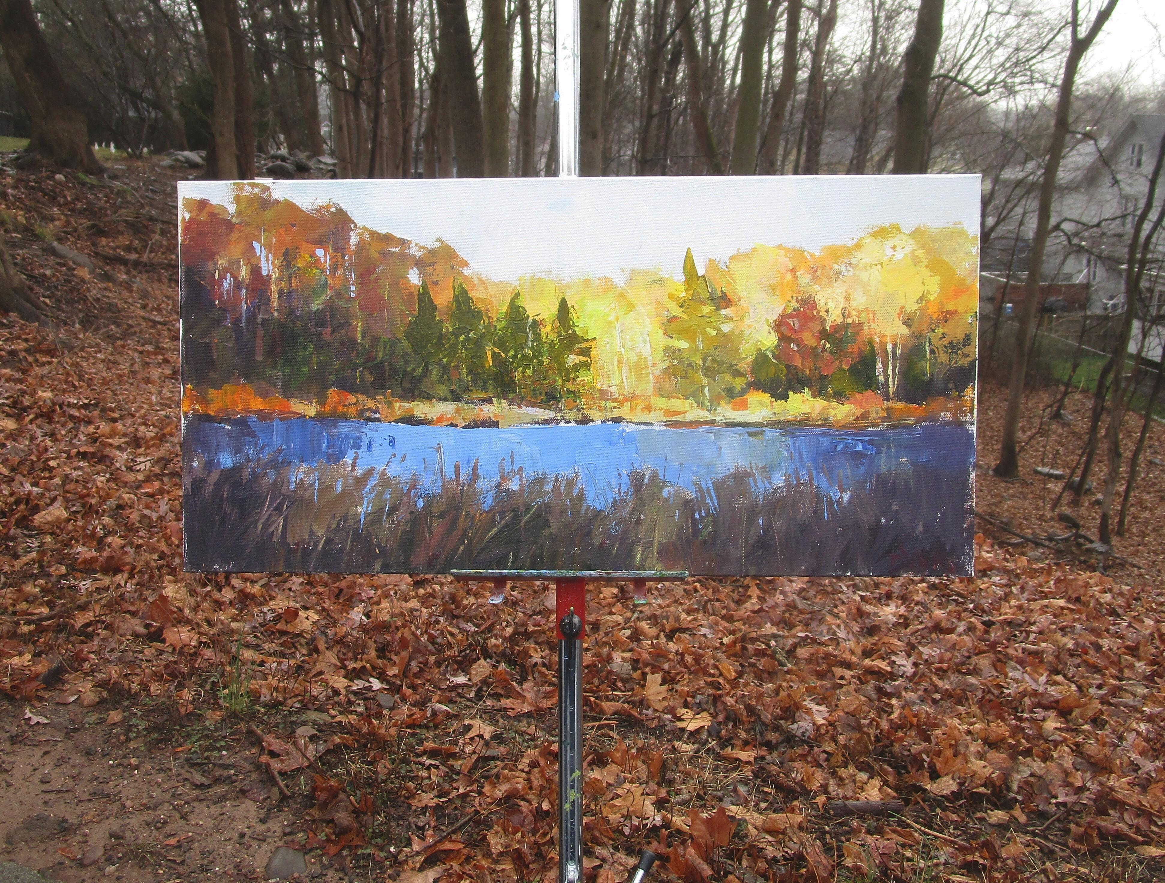 Nature Preserve-Teich, Herbst, Originalgemälde (Impressionismus), Painting, von Janet Dyer