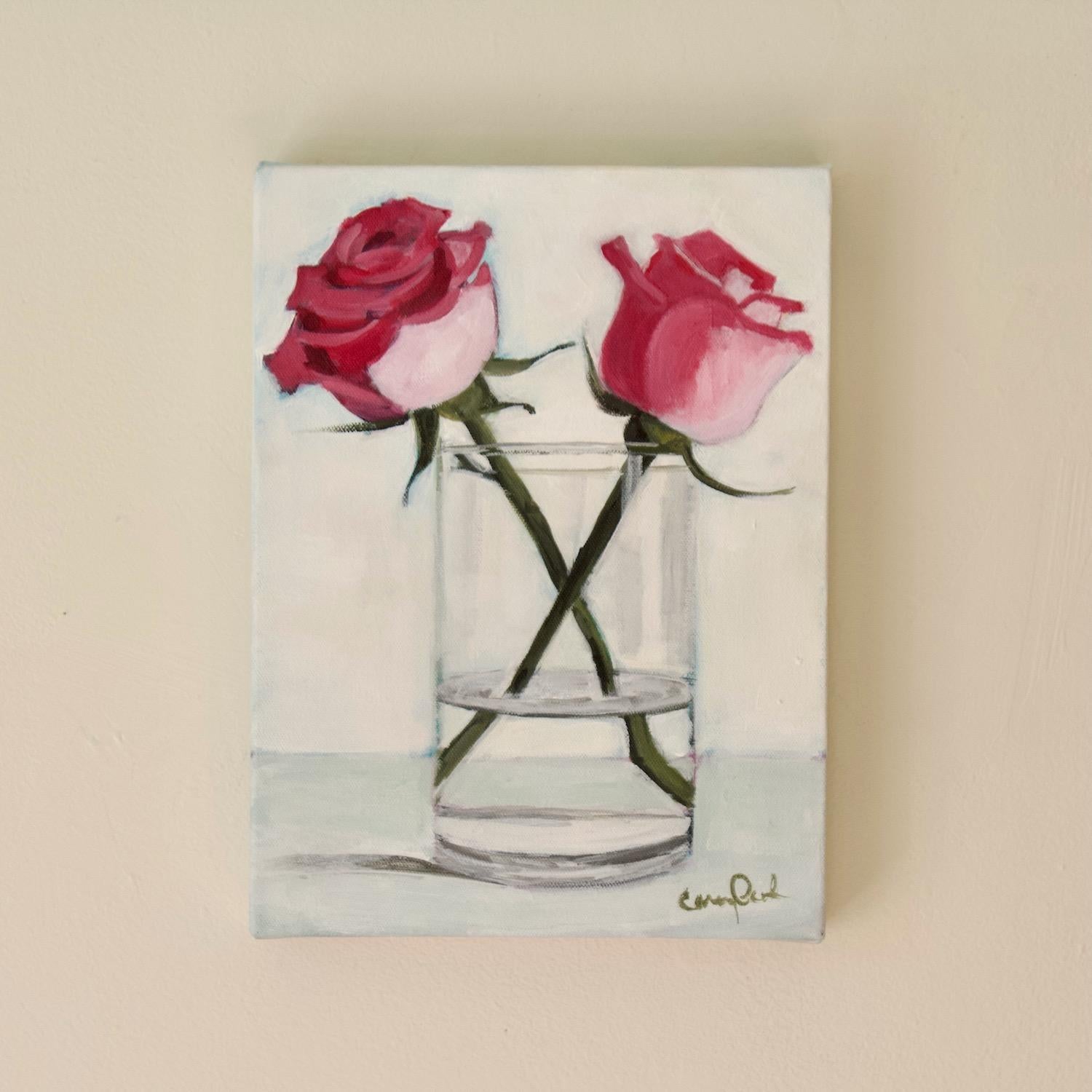 <p>Artist Comments<br />This still-life painting depicts two red roses in a vase. The rich hues of the flowers stand out against the transparent glass and subdued background. The simple impressionistic rendering of the elements imparts a sense of