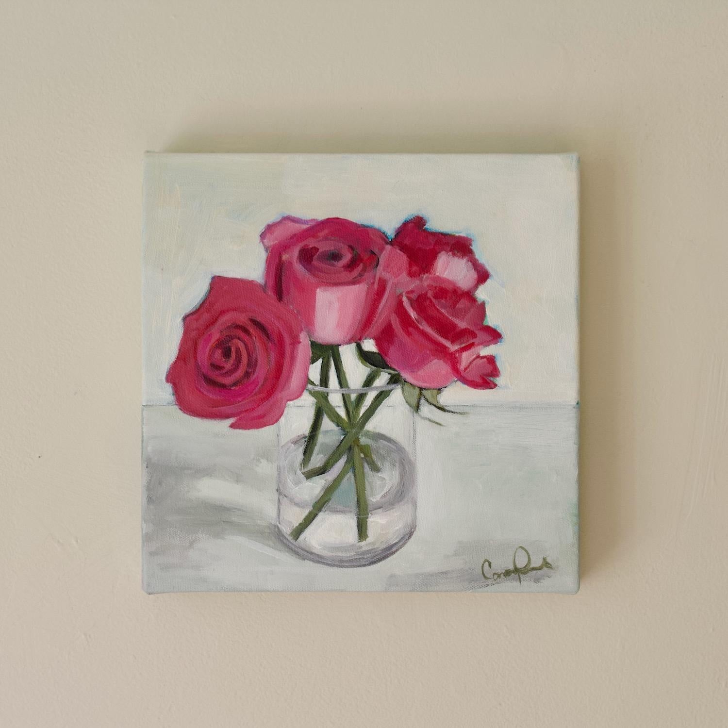 <p>Artist Comments<br />This still-life painting features roses in a clear glass vase. The flowers' velvety red hues contrast beautifully with their green stems, making them stand out against the muted background. The simple yet elegant composition