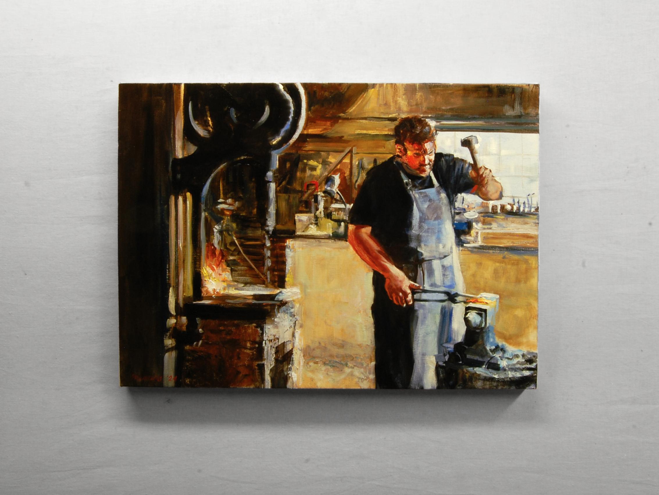 <p>Artist Comments<br>This impressionist painting is part of a series by artist Onelio Marrero, exploring craftsmen at work in their environments. Within this interior scene, Onelio depicts a blacksmith in his workshop. The piece shows his